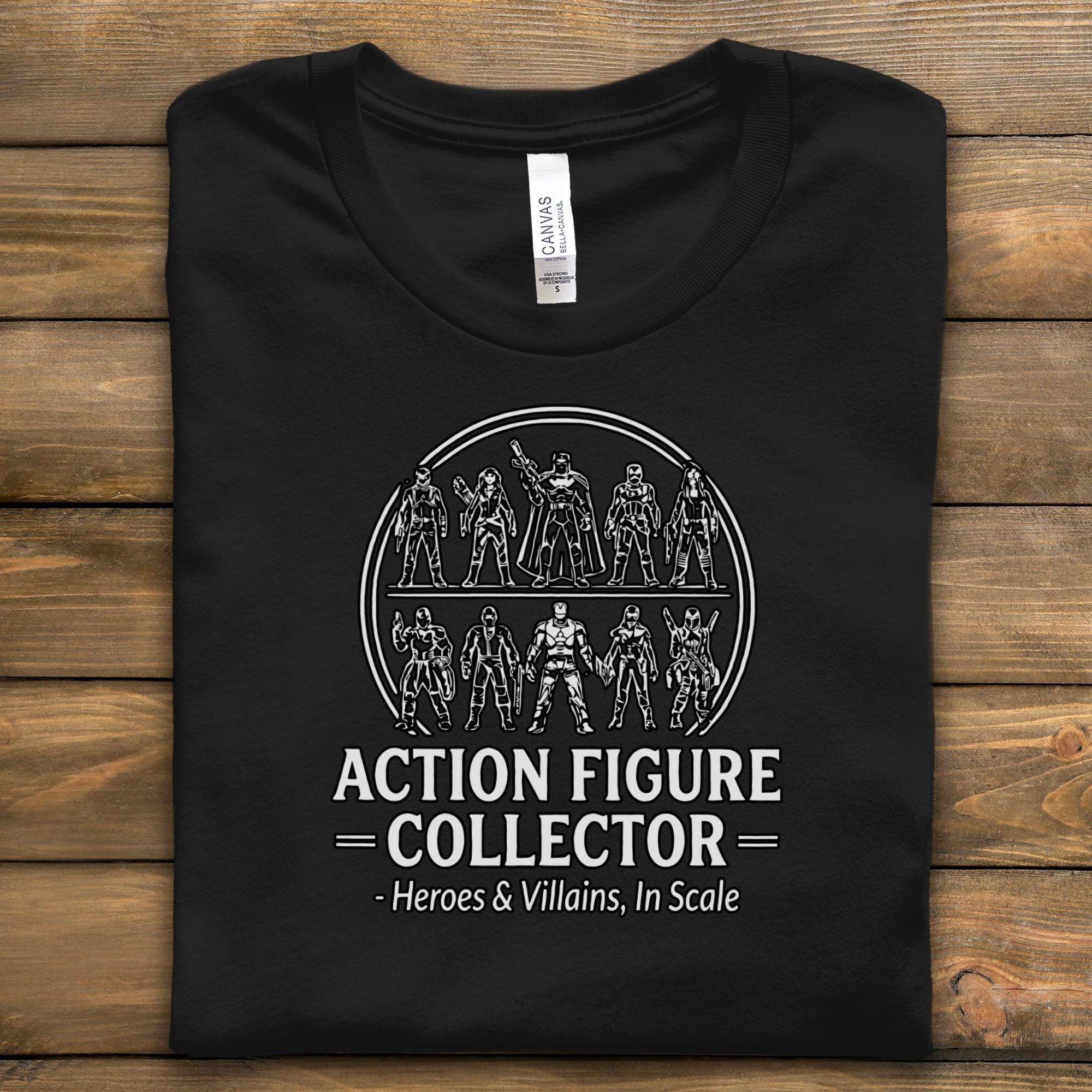 Action Figure Collector Shirt, Heroes Villains In Scale Tee, Geek Novelty Gift, Comic Fan Apparel, Nerdy Graphic Top
