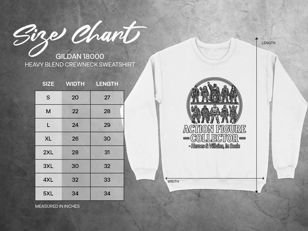 Action Figure Collector Sweatshirt, Heroes and Villains Scale Crewneck, Gift for Toy Enthusiast, Geeky Pop Culture Apparel