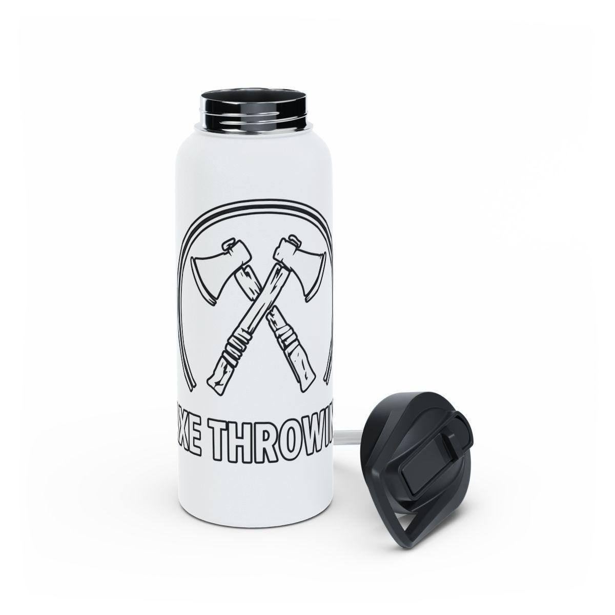Axe Throwing Water Bottle, Crossed Axes Design, Outdoor Sports Flask, Durable Drink Container, Gift for Axe Enthusiasts, White Flask