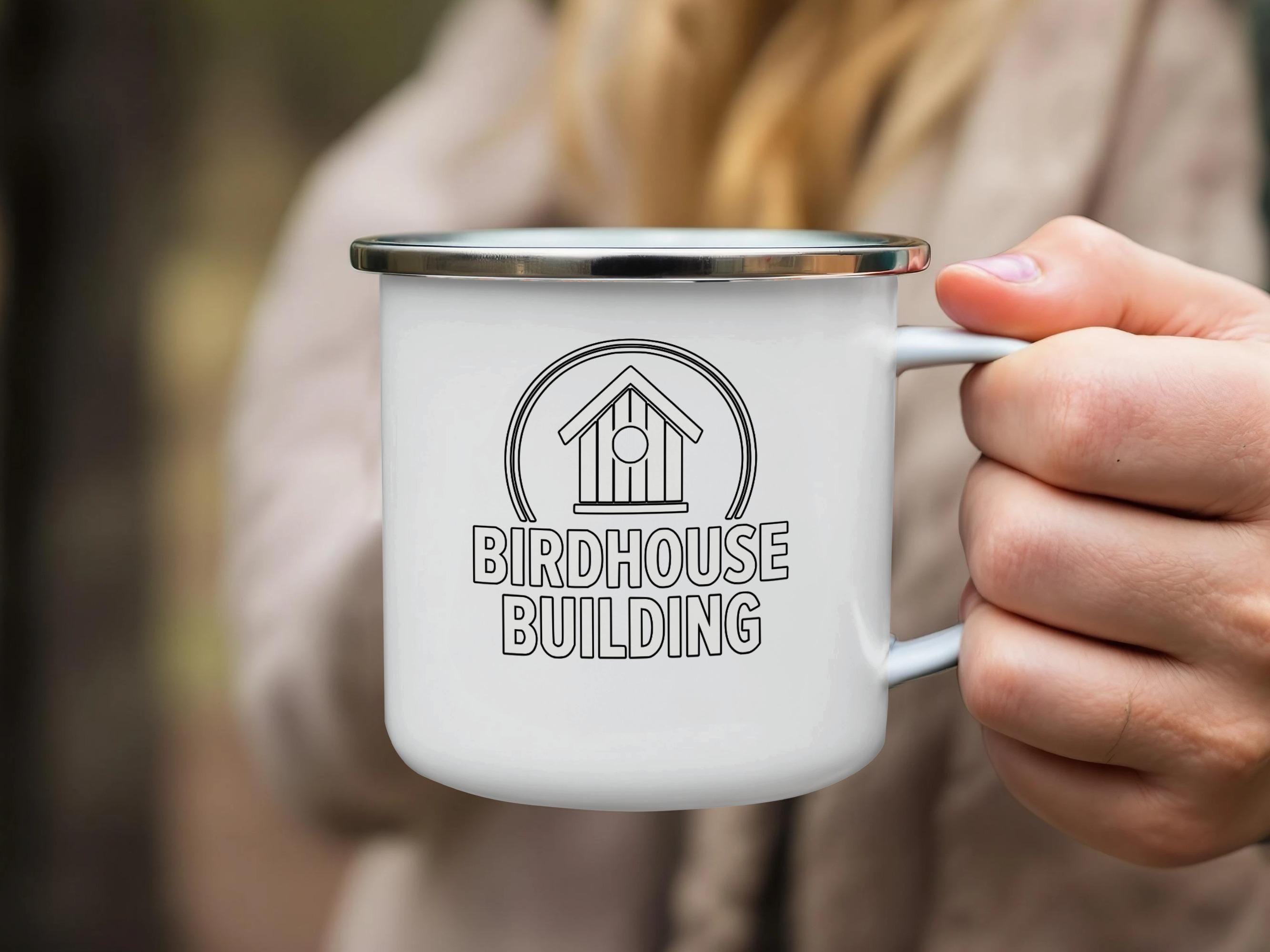 Birdhouse Building Enamel Mug, Camping Mug, Outdoor Mug, Nature Lover Gift, Rustic Mug, Birdwatching Gift, Coffee Mug, Tea Mug