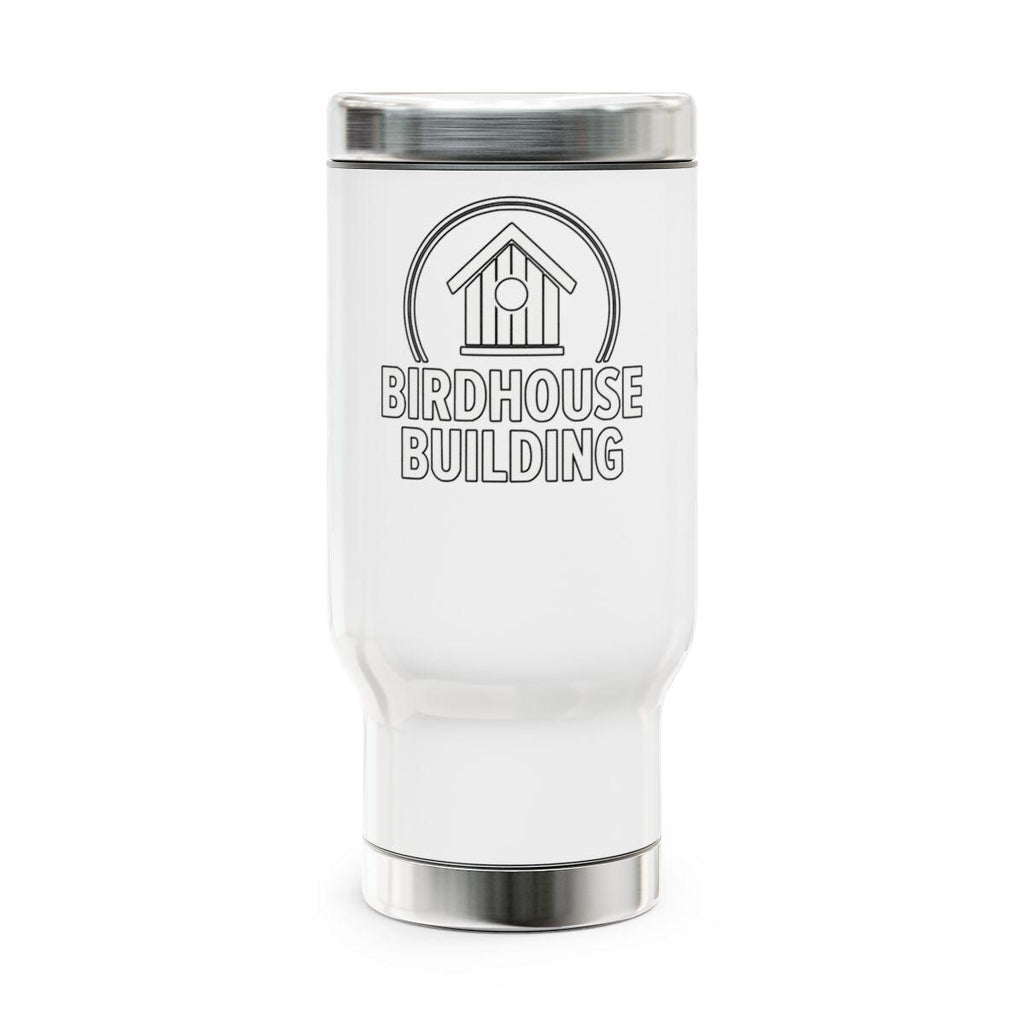 Birdhouse Building Travel Mug, 20oz Insulated Tumbler, Unique Design Coffee Cup, Gift for Bird Lovers, Stainless Steel Flask