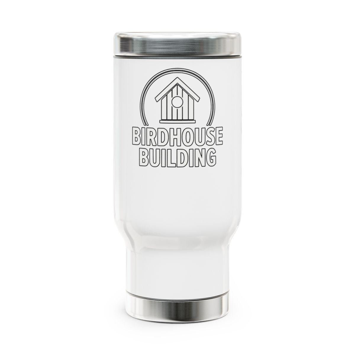 Birdhouse Building Travel Mug, 20oz Insulated Tumbler, Unique Design Coffee Cup, Gift for Bird Lovers, Stainless Steel Flask