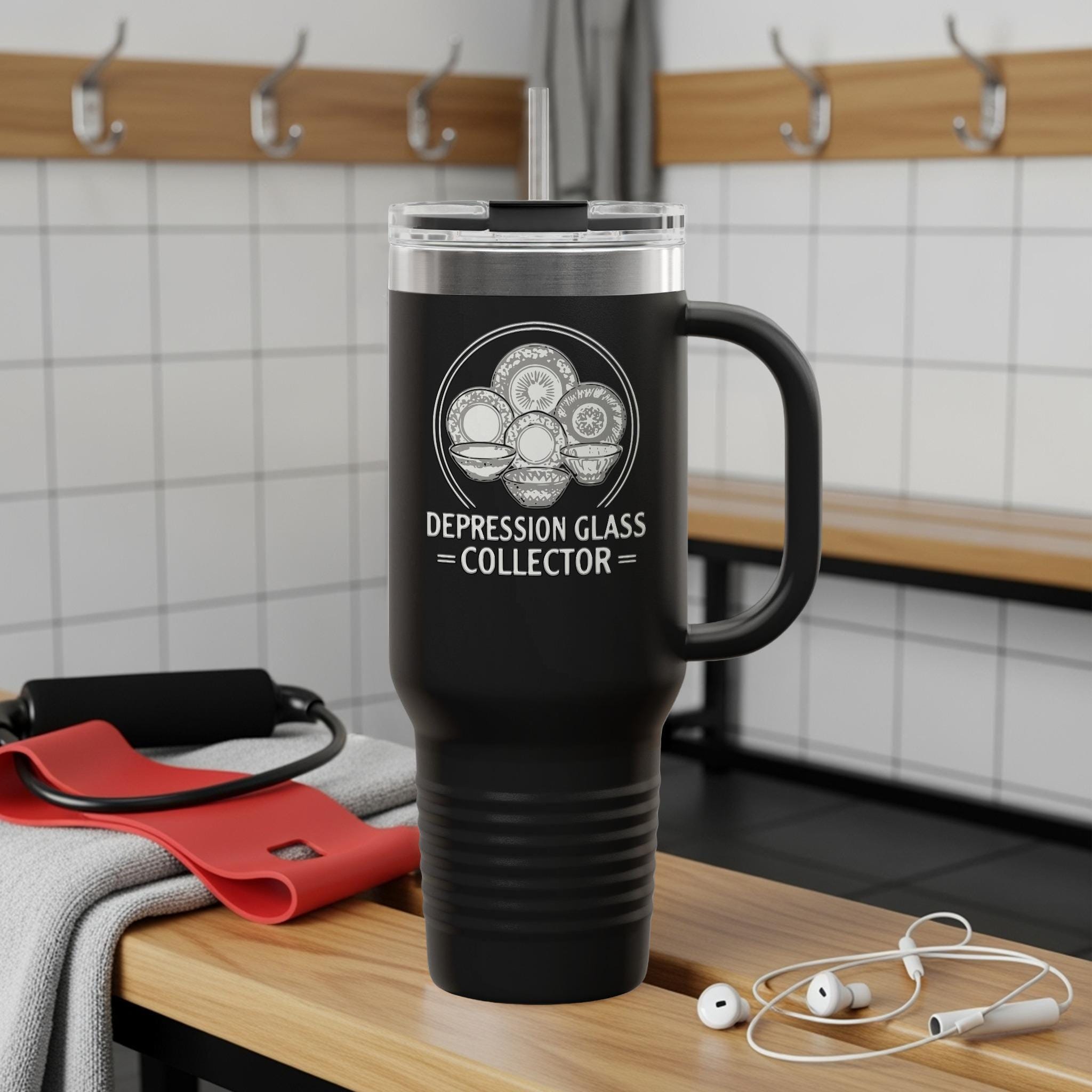 Depression Glass Collector Tumbler, Funny Coffee Travel Mug, Unique Gift for Collectors, Insulated Drinkware, Large Handle Cup