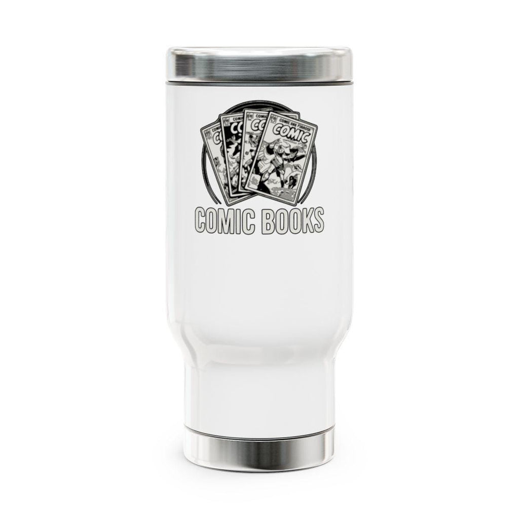 Comic Books Tumbler, Stainless Steel Travel Mug, Comic Book Lover Gift, Insulated Cup, Graphic Novel Reader Drinkware, White
