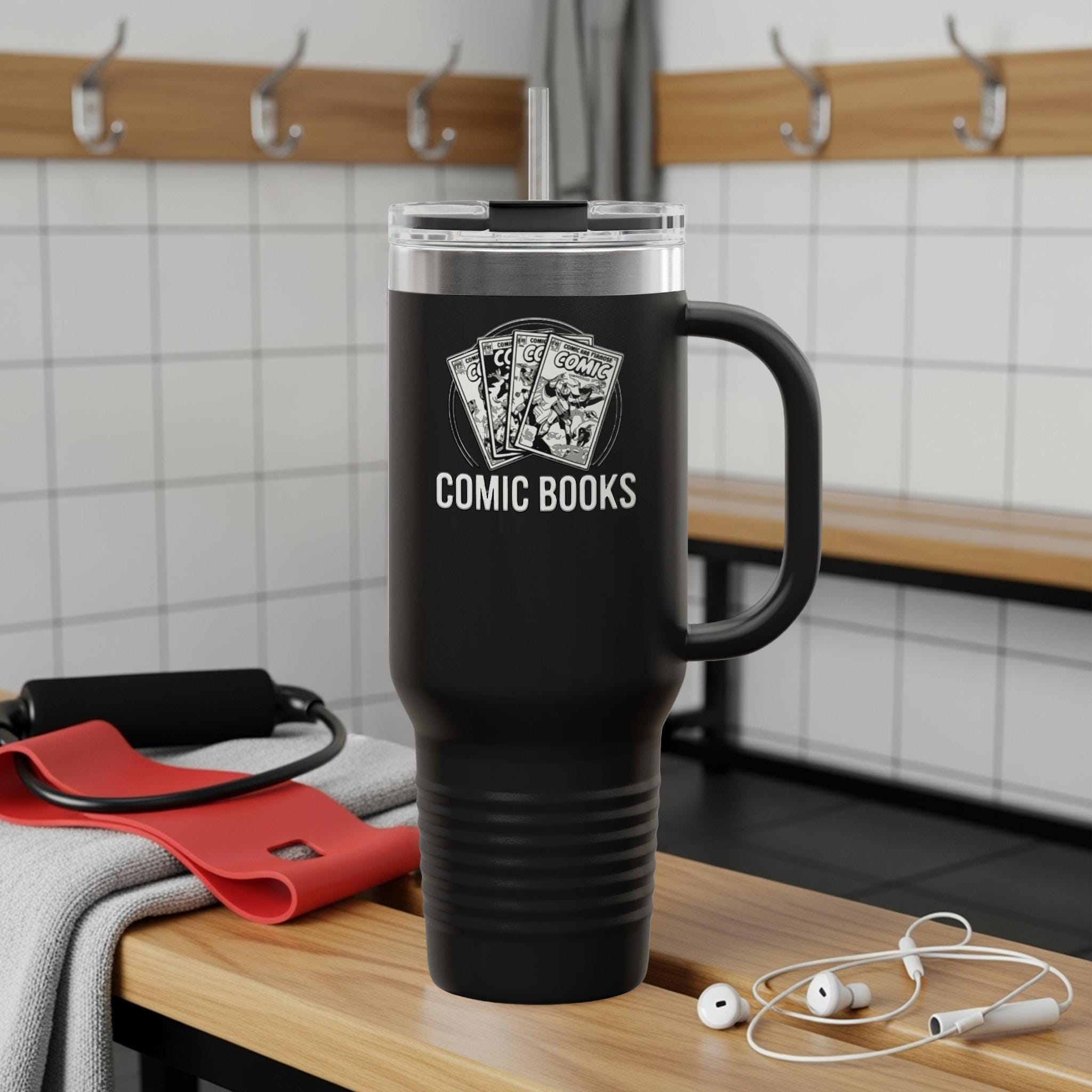 Comic Books Travel Mug, Insulated Drinkware, Comic Lover Gift, Graphic Novel Tumbler, Geeky Coffee Cup, Pop Culture Merchandise