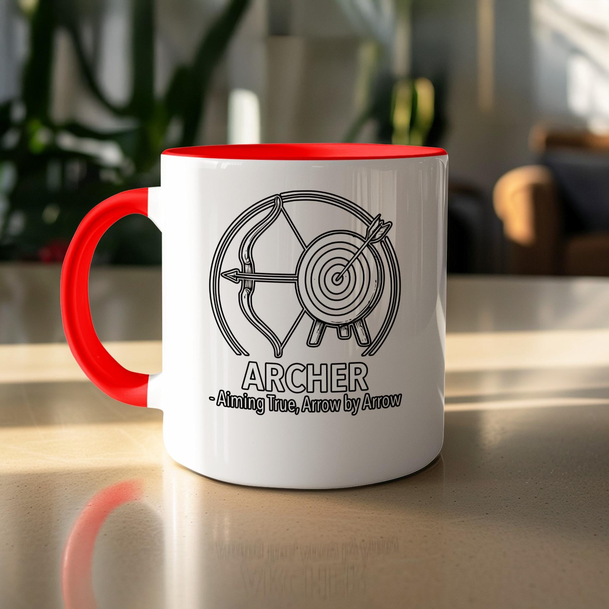 Archer Coffee Mug, Aiming True Arrow by Arrow, Archery Target and Bow Design, Funny Mug Gift for Archers, Red Handle Mug
