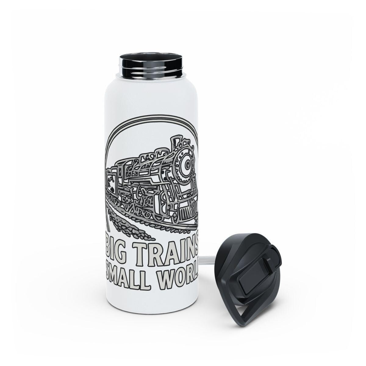 Train Themed Water Bottle, Big Trains Small World, Insulated Water Flask, Train Lover Gift, Reusable Bottle with Lid, 32oz Capacity