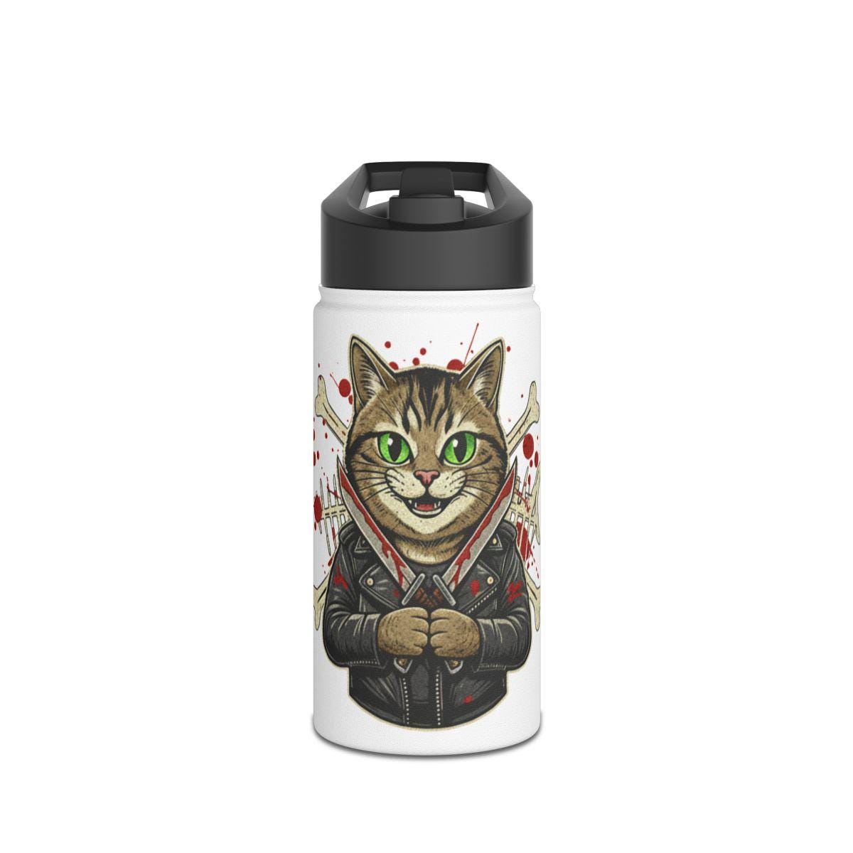 Cute Cat in Leather Jacket Water Bottle, Unique Cat Lover Gift, Fun Animal Design, Cute Kitty Drinkware, Stylish Cat Accessories
