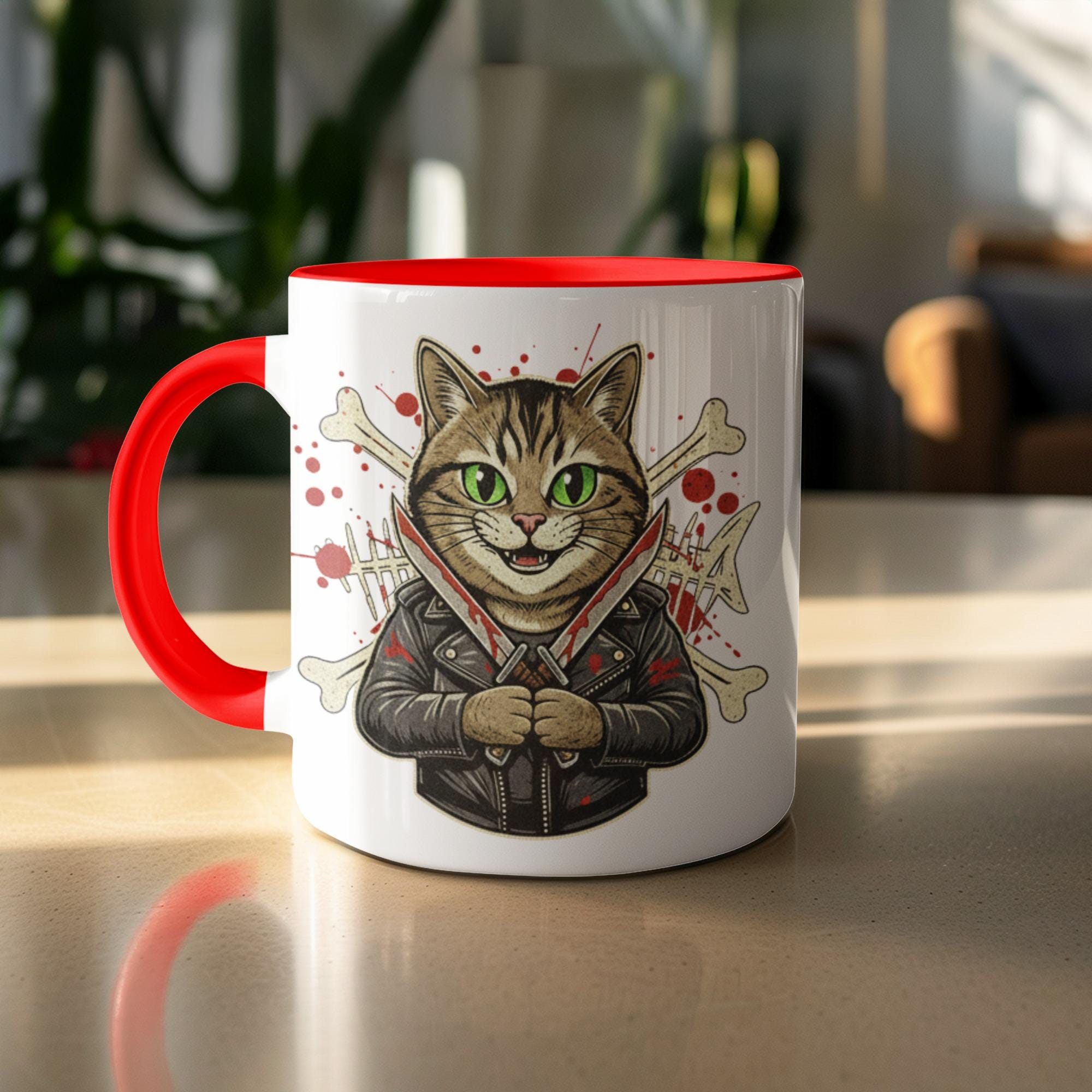 Cat Mug with Leather Jacket Design, Cute Coffee Mug, Funny Cat Lover Gift, Unique Cat Artwork, Cat Enthusiast Cup, Quirky Cat Gift Idea