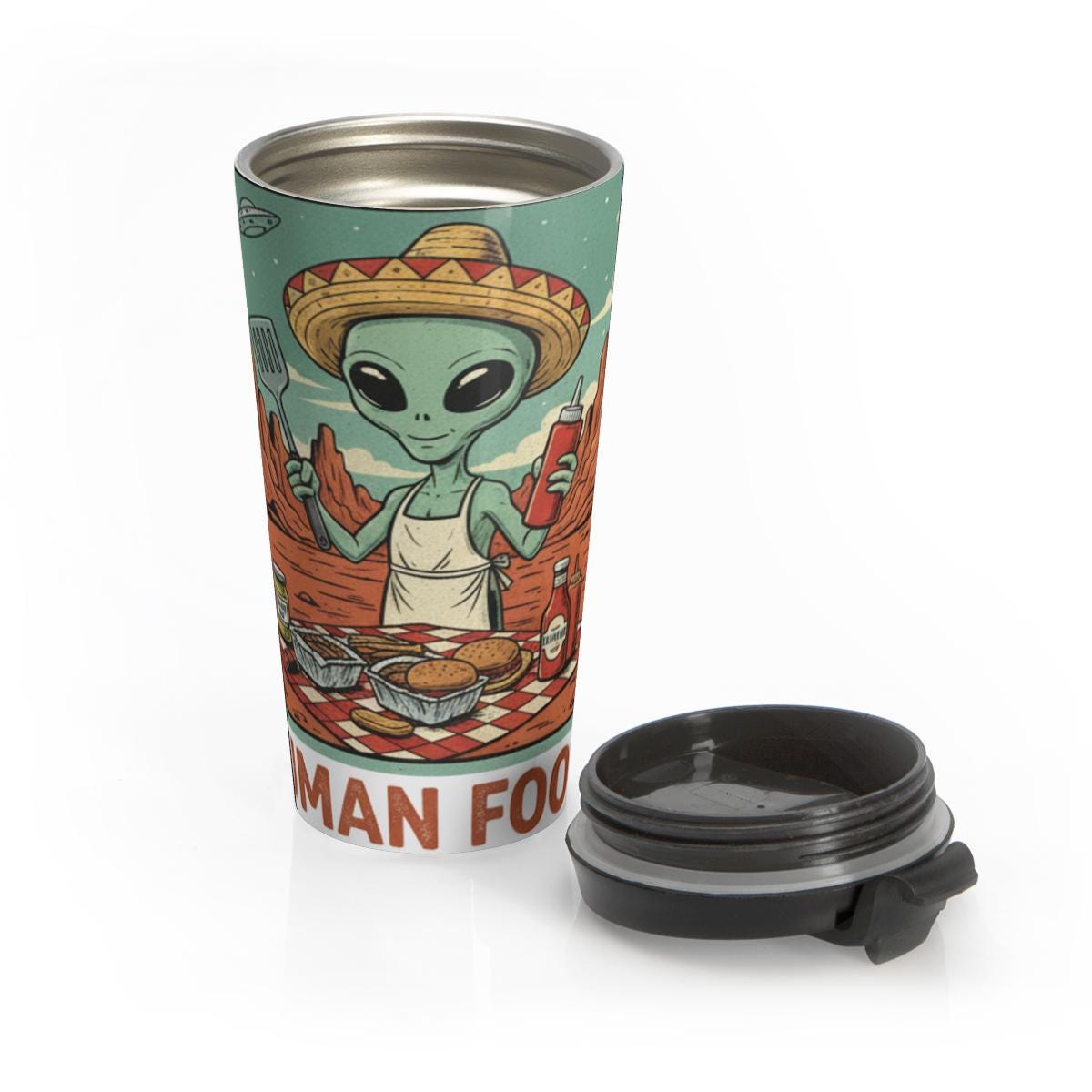 Alien BBQ Travel Mug, Unique Funny Alien Chef Coffee Tumbler, Quirky Space Kitchen Accessory, Perfect Gift for Alien Lovers