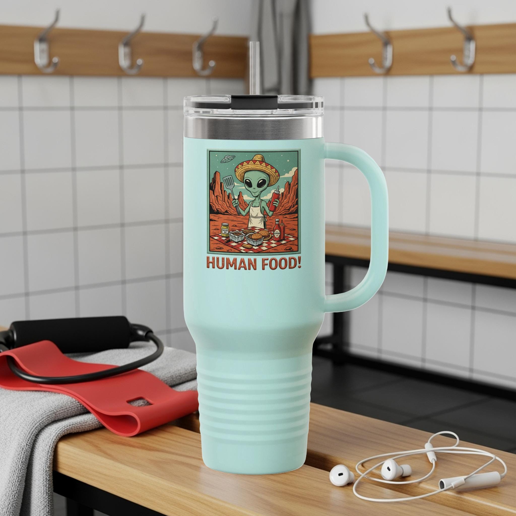 Funny Alien Mug, Human Food Print, Novelty Travel Cup, Unique Coffee Tumbler, Quirky Gift Idea, Humorous Drinking Accessory