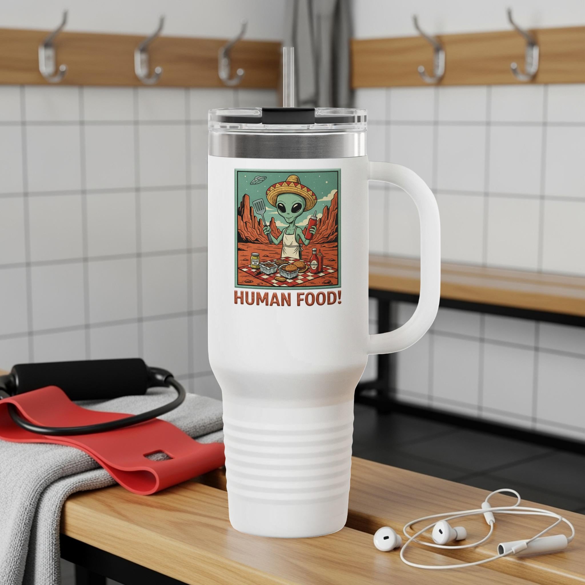 Alien Mug with Human Food Design, Unique Funny Cup, Cool Space Artwork, Coffee Travel Tumbler, Perfect for Gift, 20 oz