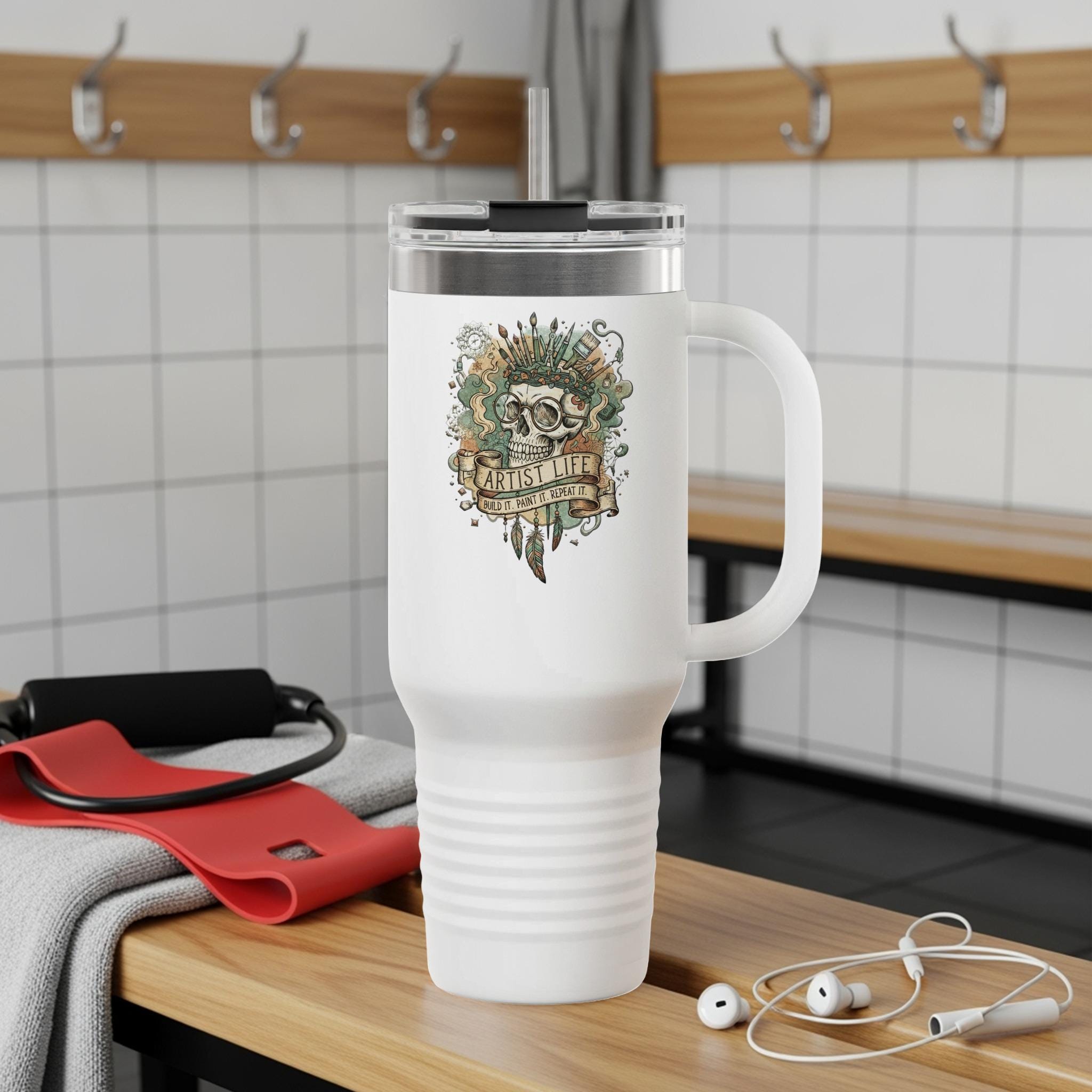 Large Travel Mug with Artistic Design, White Insulated Tumbler, Reusable Coffee Cup with Lid and Handle, Unique Gift Idea