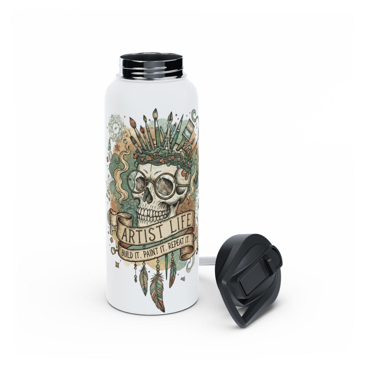Skull Artist Life Water Bottle, Unique Art Water Bottle, Skull and Art Supplies Design, 20 oz Stainless Steel Water Bottle