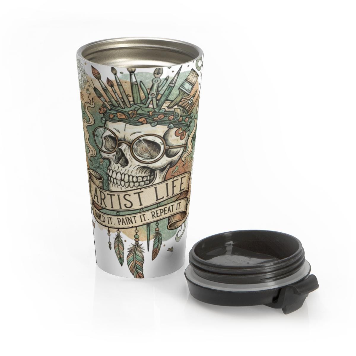Artist Life Travel Mug, Skull with Paint Brushes Design, Unique Artist Gift, Creative Coffee Tumbler, Art Lovers Drinkware