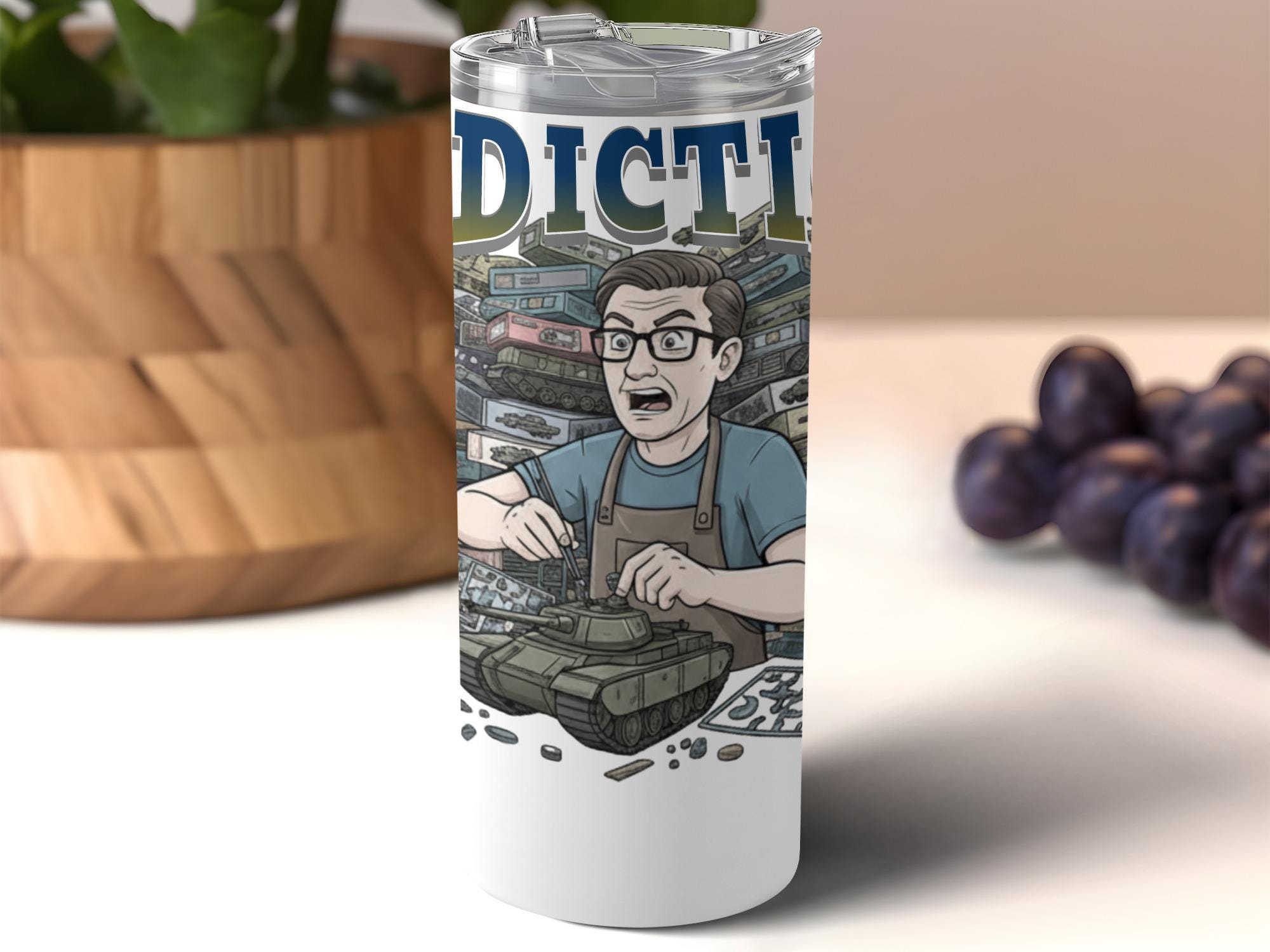 Customizable hobbyist tumbler with cartoon model tank builder, unique gift for hobbyists, novelty coffee travel mug