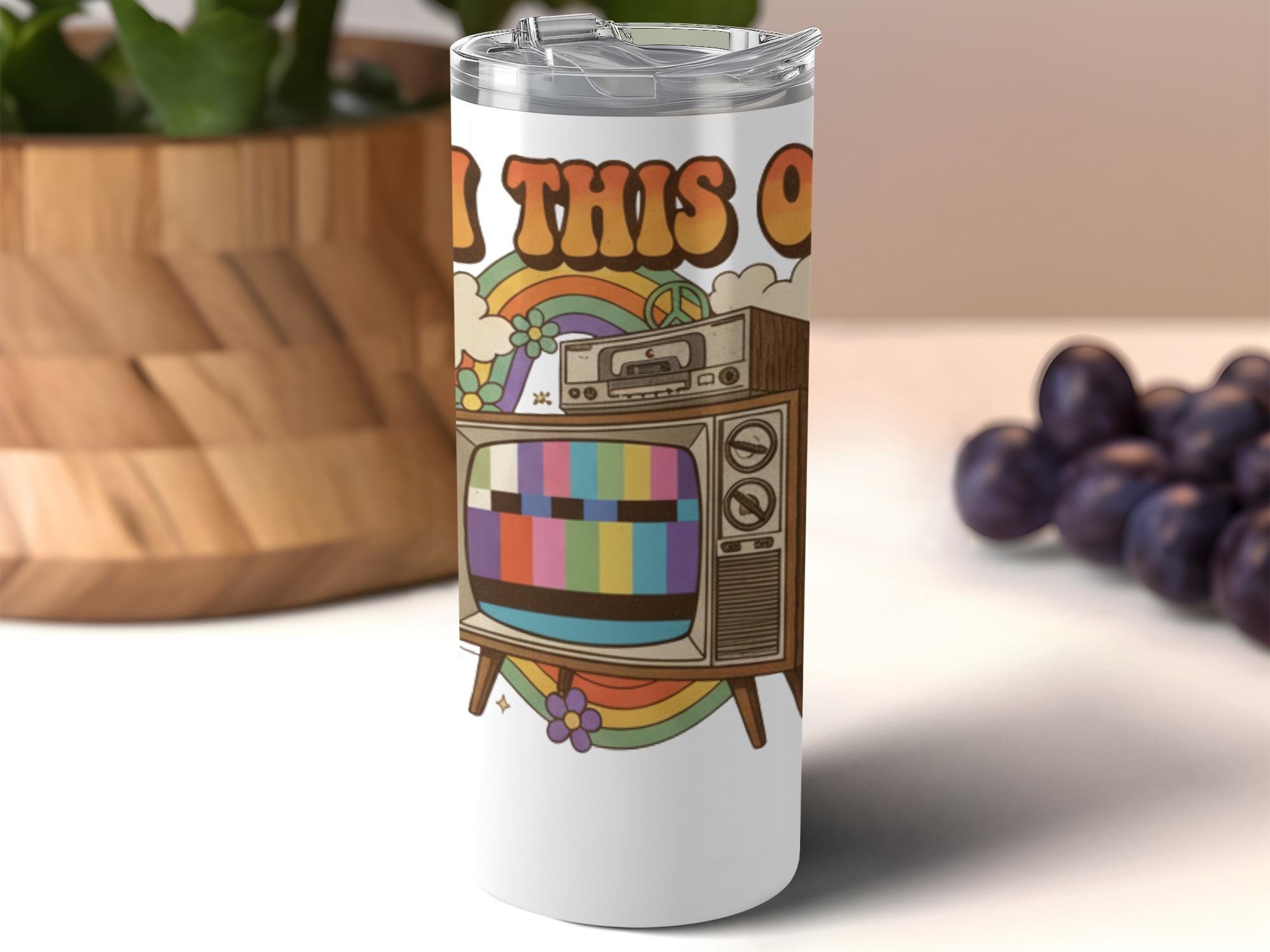 Retro Vintage Style TV Tumbler, Rainbow Stripes Cup, Cute Floral Print Drinkware, 20oz Insulated Beverage Holder, Retro Gift Idea