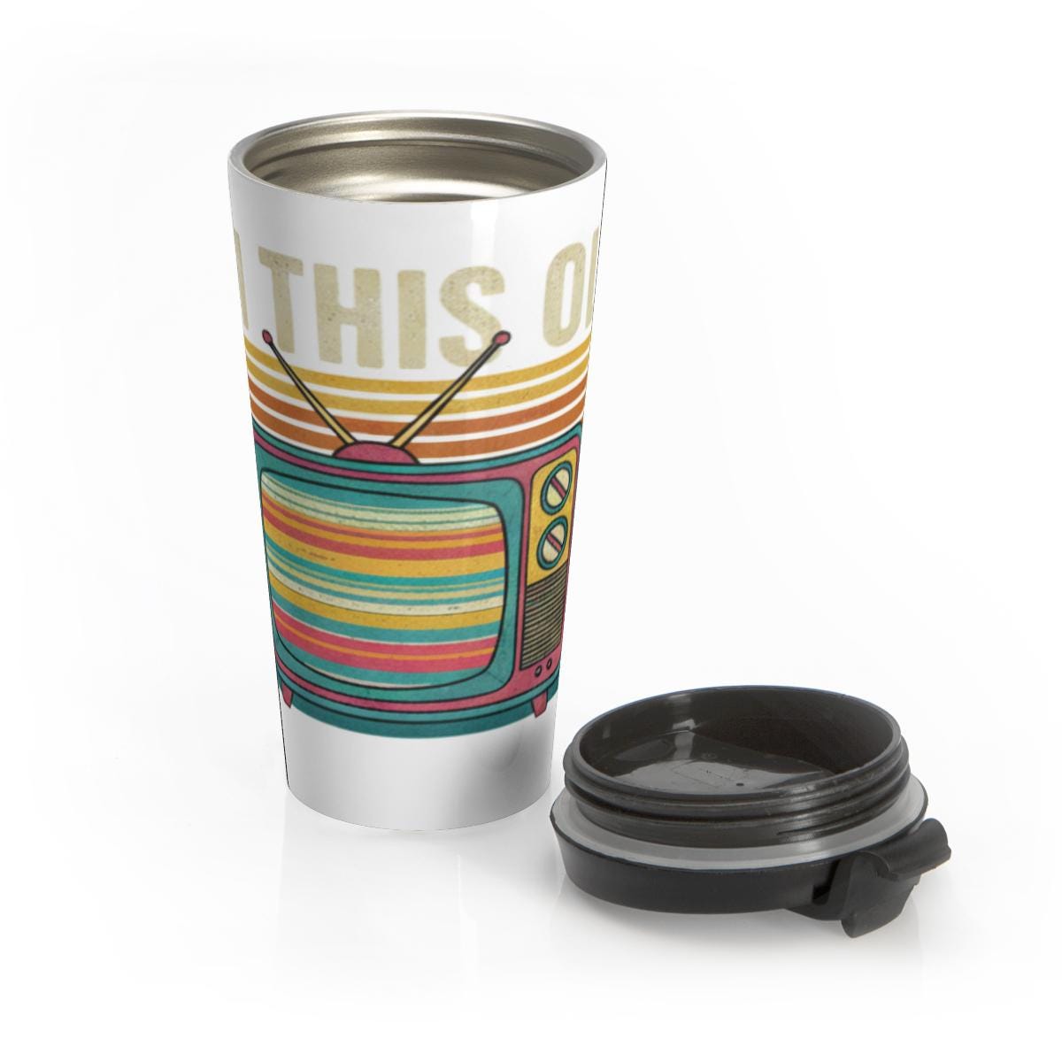 Retro TV themed travel mug, vintage television design tumbler, colorful stripes coffee thermos, unique gift for TV lovers