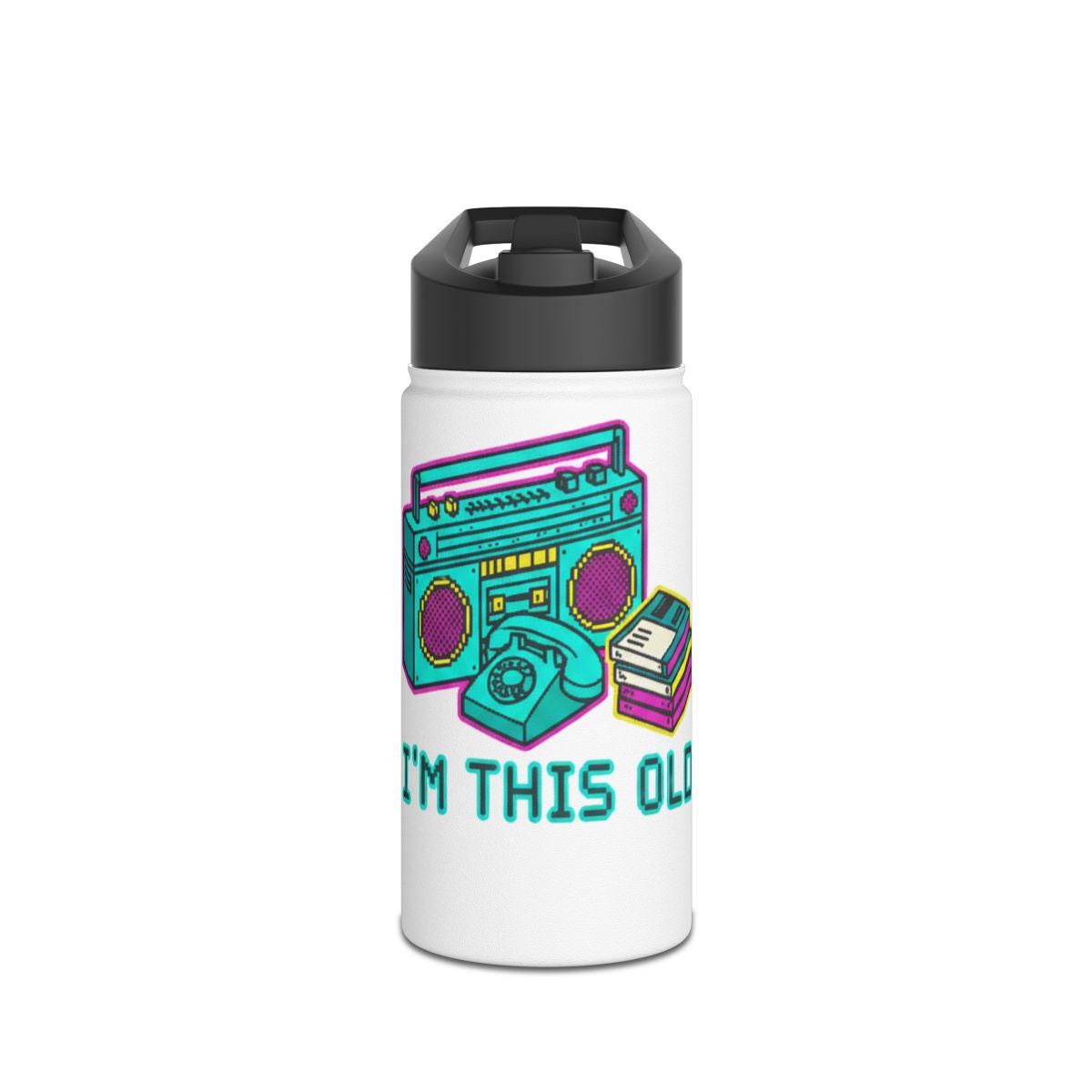 Retro Boombox Water Bottle, I'm This Old Nostalgia Design, Vintage Music Lover Gift, Unique Drinking Container, 80s 90s Memorabilia