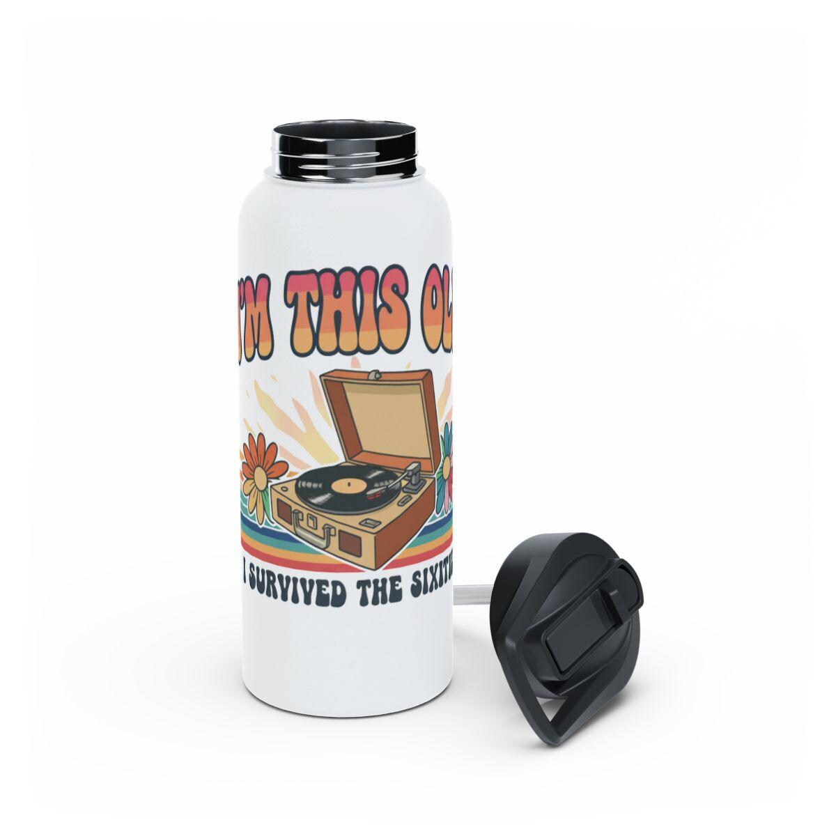 Vintage Record Player Water Bottle, Retro Music Lovers Gift, Nostalgic Vinyl Enthusiast Present, I Survived Sixties Flask