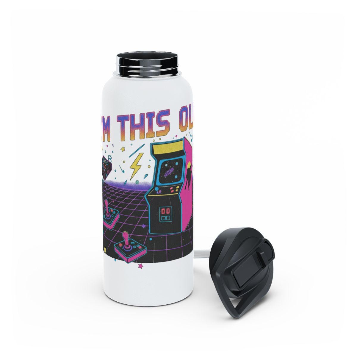 Retro Gaming Water Bottle, Arcade Design Drink Container, Gamer Gift, Vintage Game Lover Bottle, Geeky Beverage Holder, Unique Gamer