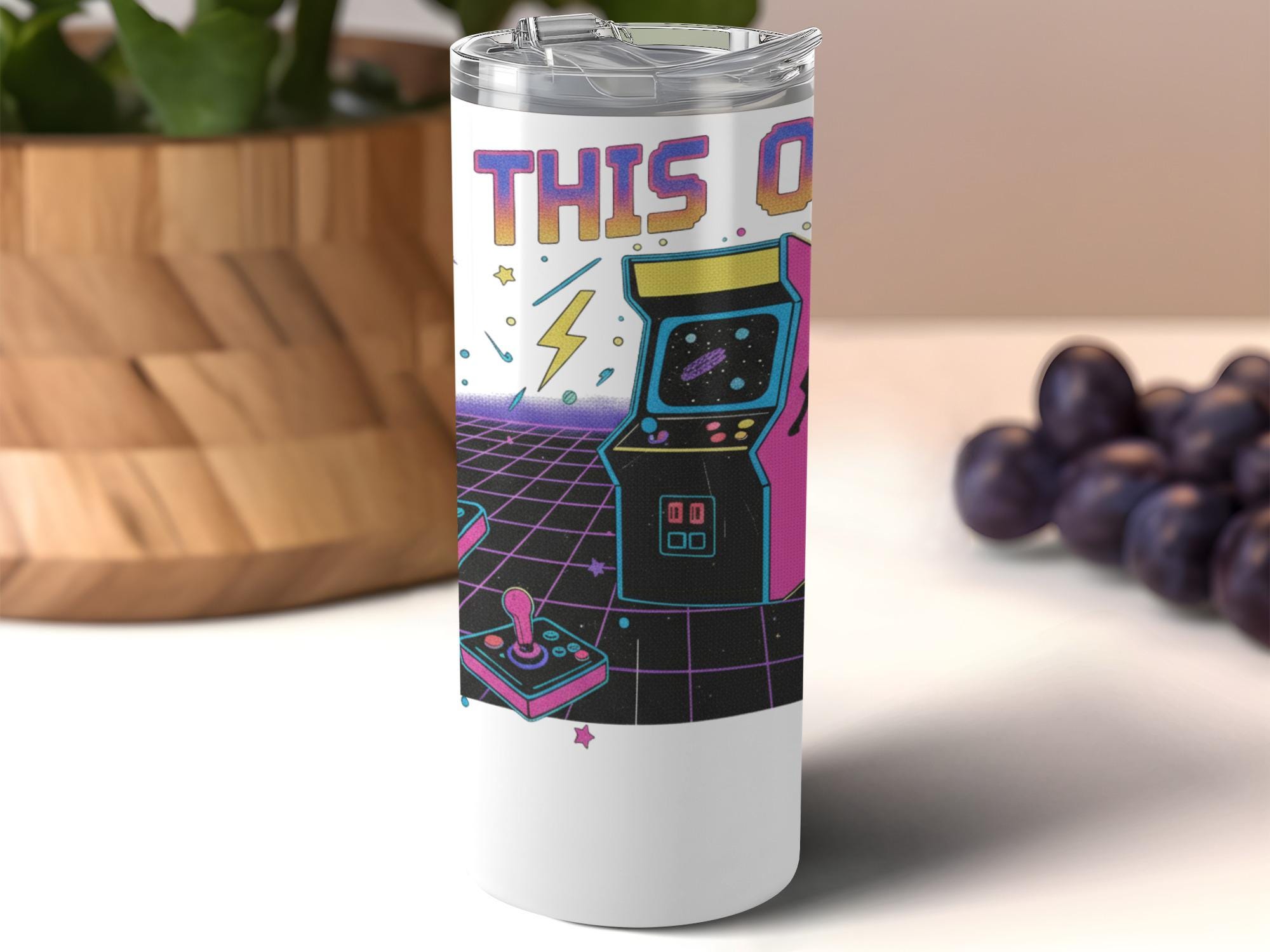 Retro Arcade Themed Tumbler, Vintage Gaming Drinkware, 80s Gamer Gift, Geeky Coffee Cup, Unique Travel Mug, Cool Nerdy Design