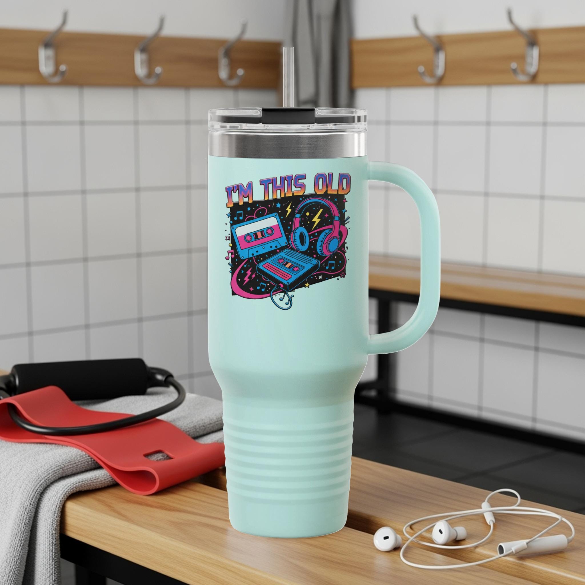 I'm This Old Travel Mug, Retro Tech Nostalgia Tumbler, Insulated Coffee Cup with Handle, Fun Geeky Gift, Vintage Cassette Design