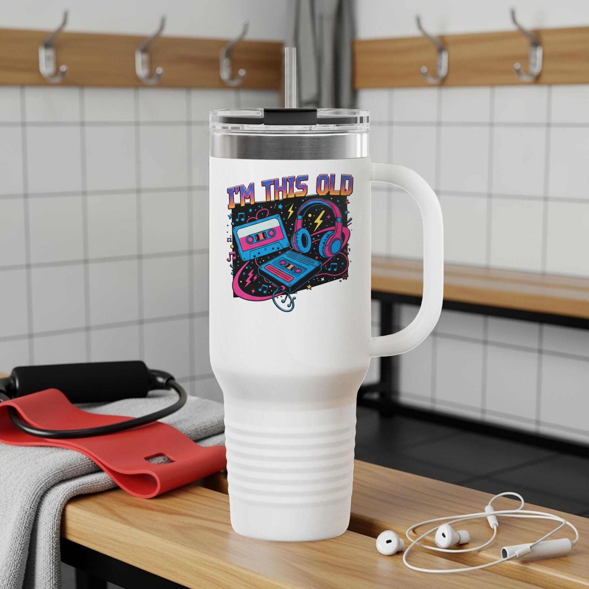 I'm This Old Travel Mug, Retro Cassette and Floppy Disk Design, Funny Nostalgic Gift, Large Insulated Coffee Tumbler, Vintage Humor Cup