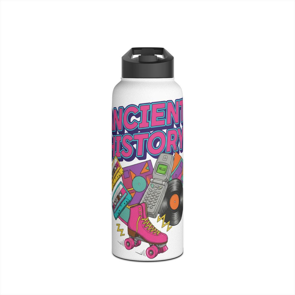 Retro Graphics Water Bottle, Colorful Ancient History Design Tumbler, Fun Vintage Theme Sports Bottle, Unique Gift Idea Flask
