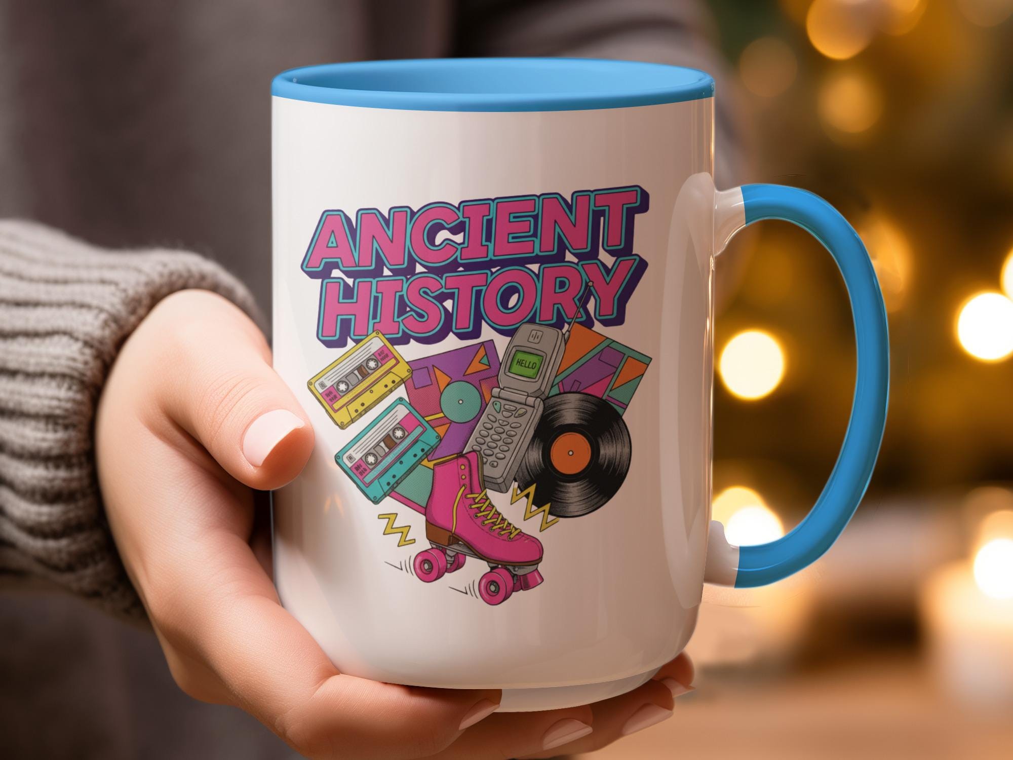 Ancient History Mug, Retro Design Mug, Nostalgic Throwback Coffee Cup, Colorful 80s Icons Mug, Fun Vintage Gift Idea