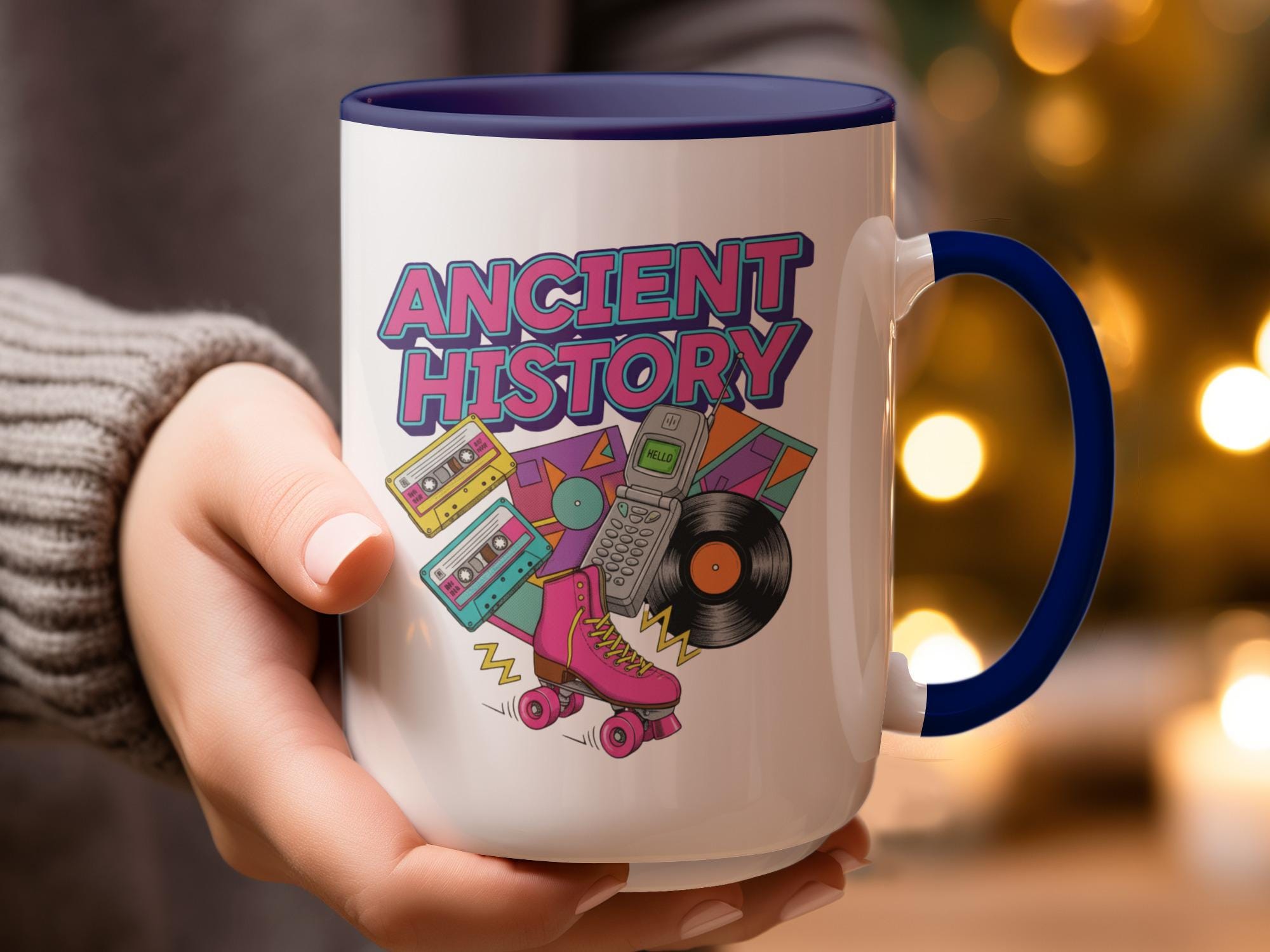 Ancient History Retro Mug, Colorful 80s 90s Themed Coffee Cup, Nostalgic Gift for Music Lovers, Unique Vintage Style Drinkware