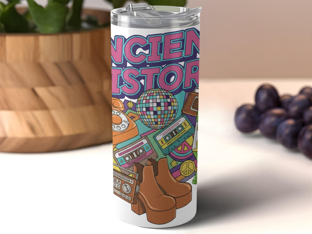 Ancient History Travel Mug with Retro Icons, Colorful Insulated Drinkware, Reusable Tumbler with Lid, Funky 70s Design