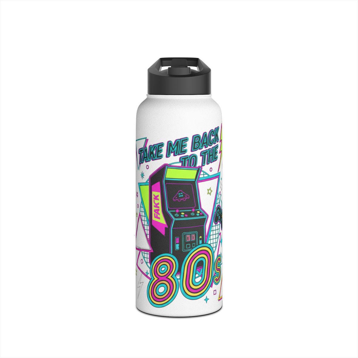 Retro 80s Arcade Game Theme Water Bottle, Take Me Back to the 80s Bottle, Vintage Gamer Gift, Cool Water Bottle for Gamers