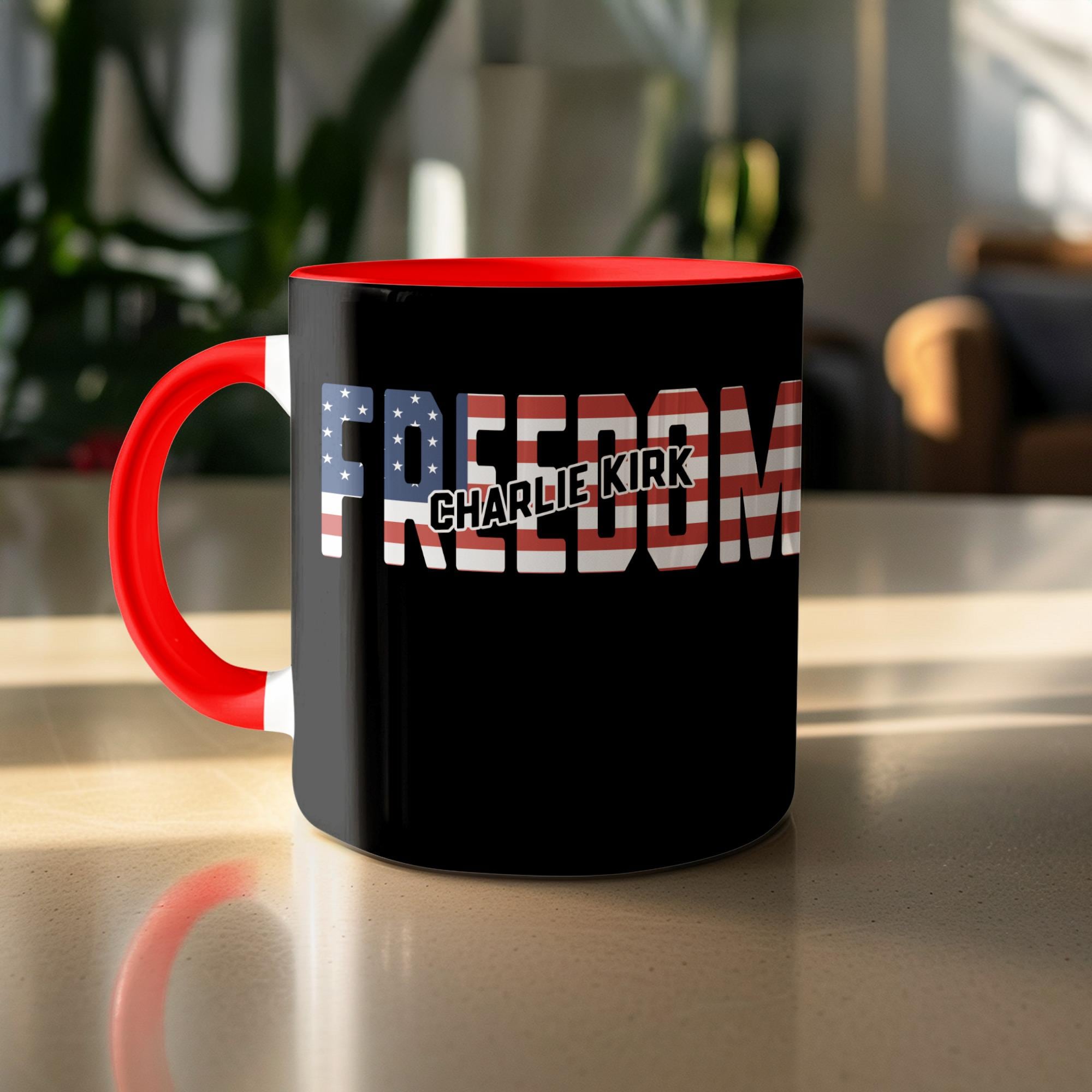 Freedom Coffee Mug, Patriotic American Flag Design, Black Ceramic Mug with Red Handle, Ideal Gift for Freedom Lovers