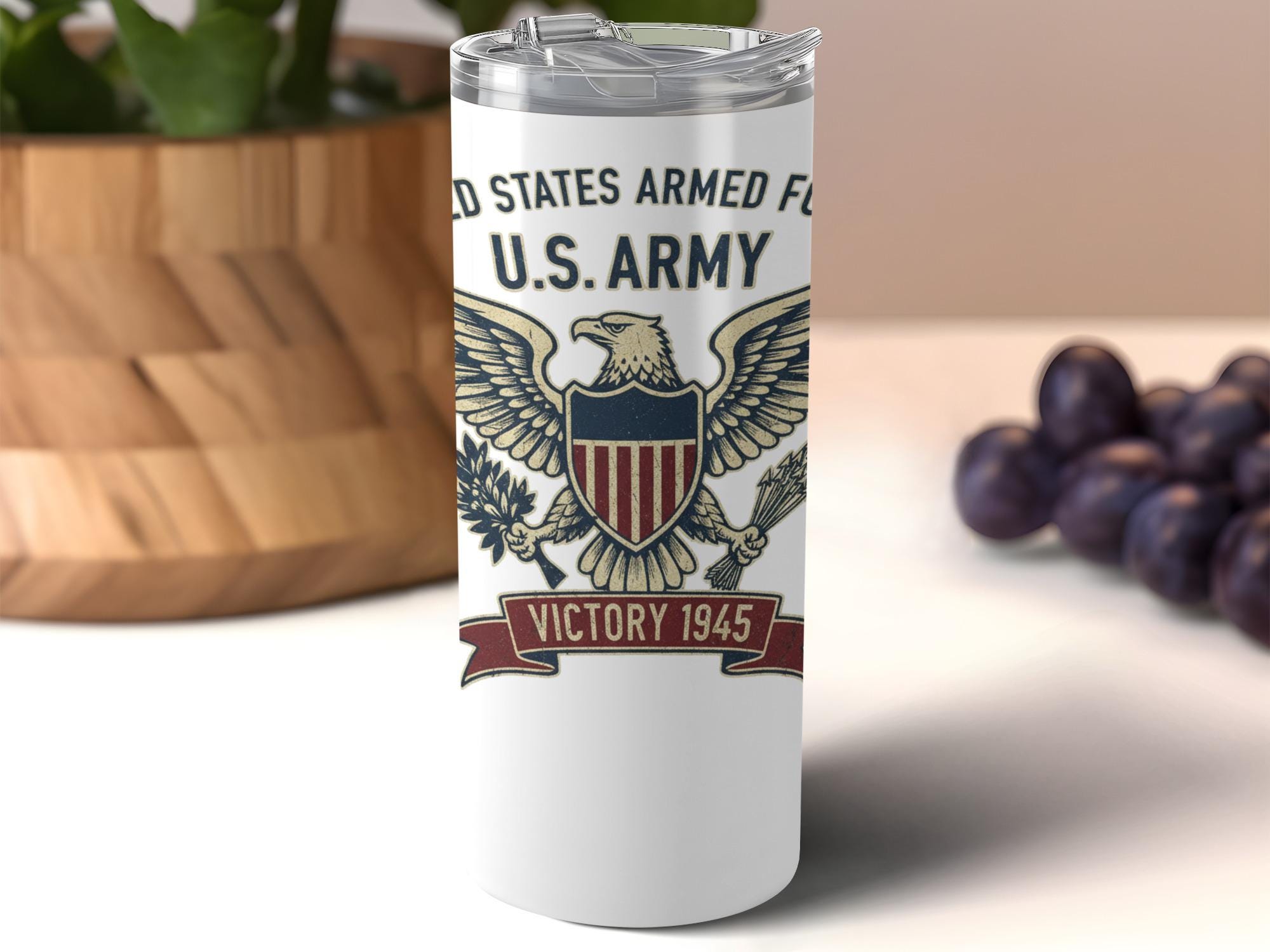 US Army 1945 Victory Tumbler, Military Travel Mug, Patriotic Insulated Drinkware, Veterans Gift, Soldier Appreciation Cup