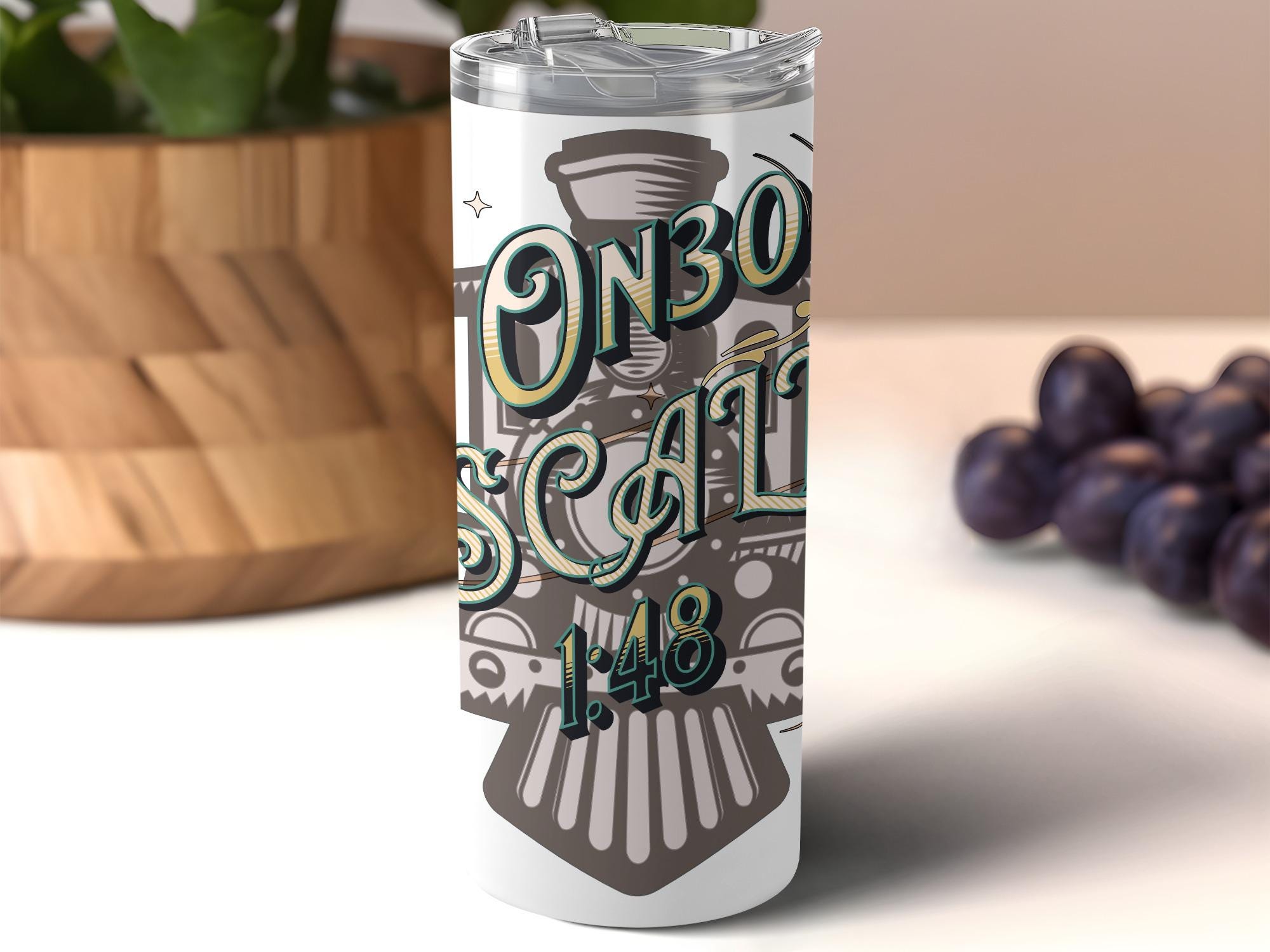 Vintage Train Theme Tumbler, Retro Locomotive Travel Cup, Classic Steampunk Railway Mug, Unique Train Enthusiast Gift