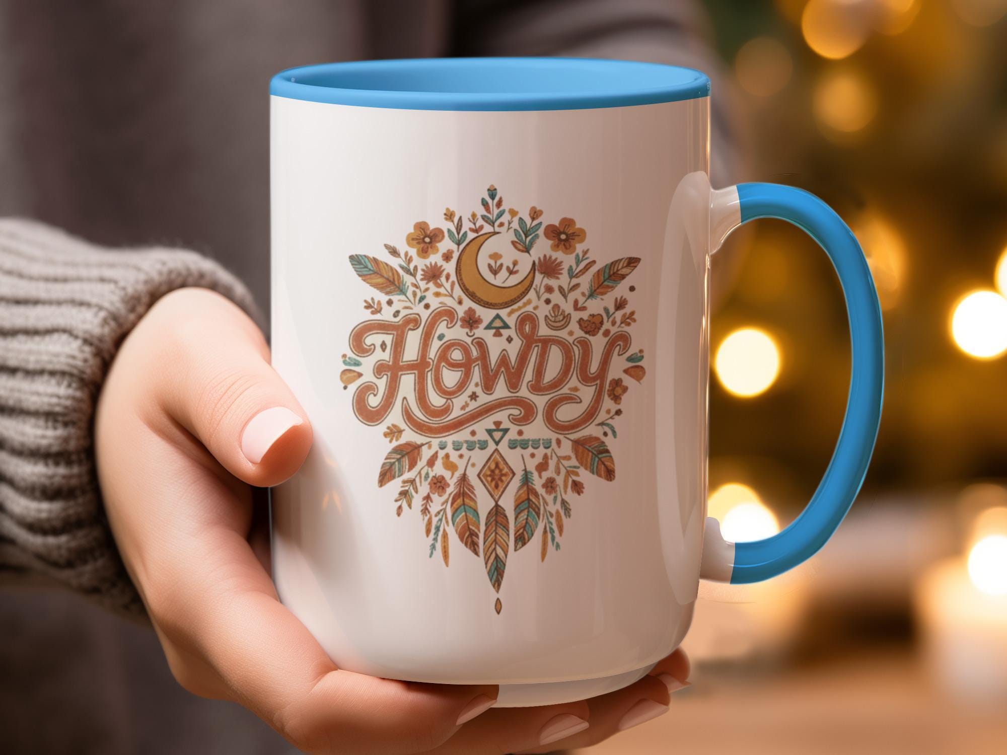 Howdy mug cute floral coffee cup boho chic design, unique gift for her, rustic home decor, colorful camp mug, western style tea cup