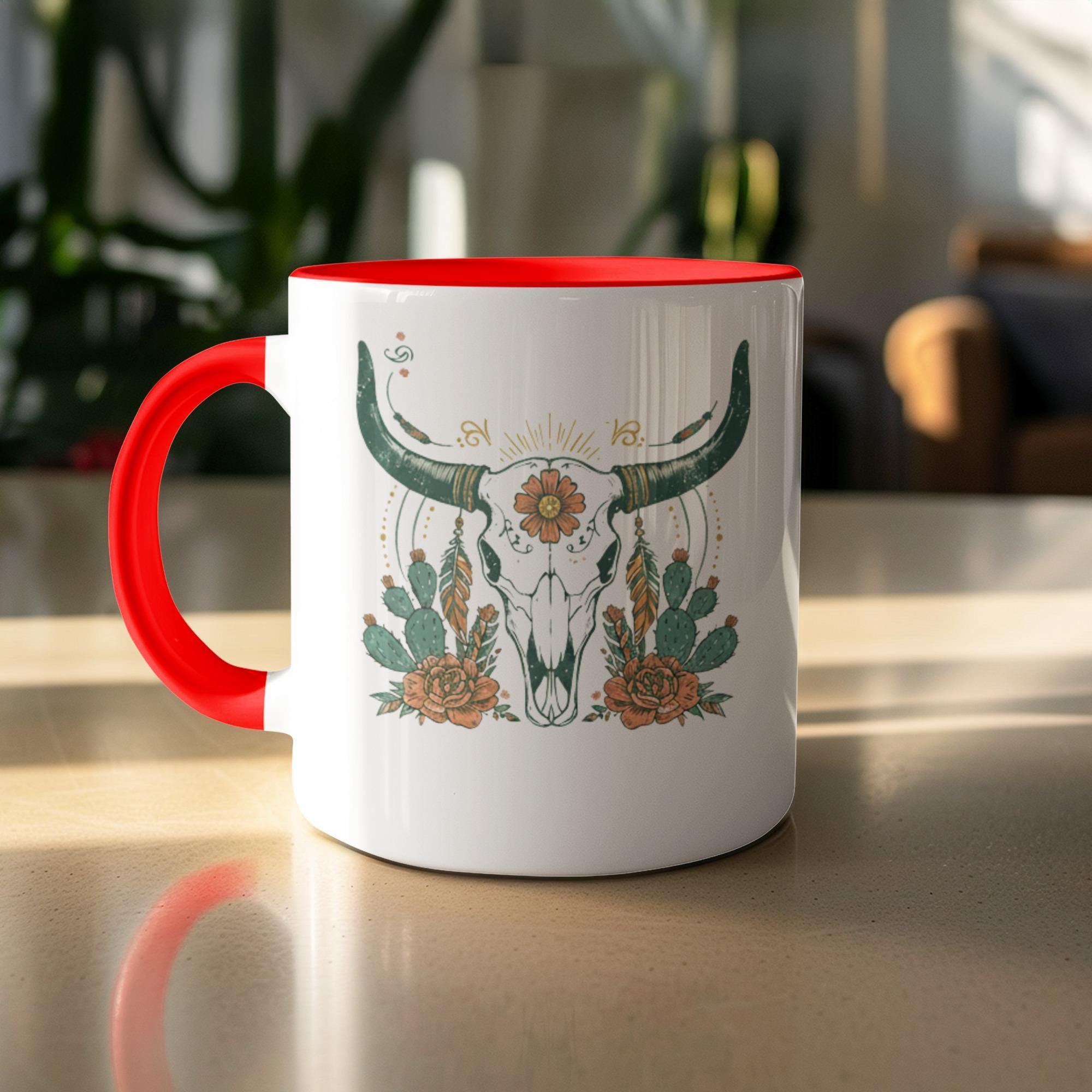 Cow Skull Printed Mug, Bohemian Decor, Cactus Design Coffee Mug, Southwestern Pattern Cup, Unique Boho Style Drinkware