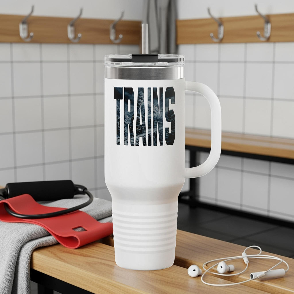 Travel mug train design, insulated coffee cup, train lovers gift, large tumbler with handle, unique travel mug, trendy mug