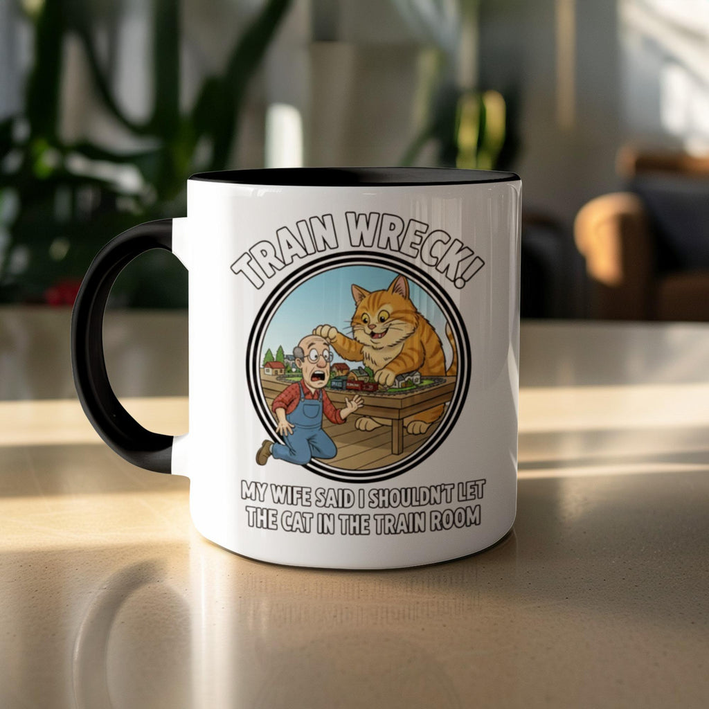 Funny Train Wreck Coffee Mug, My Wife Said I Shouldn't Let The Cat In The Train Room, Cat Lover Gift, Humorous Railroad Gift Cup