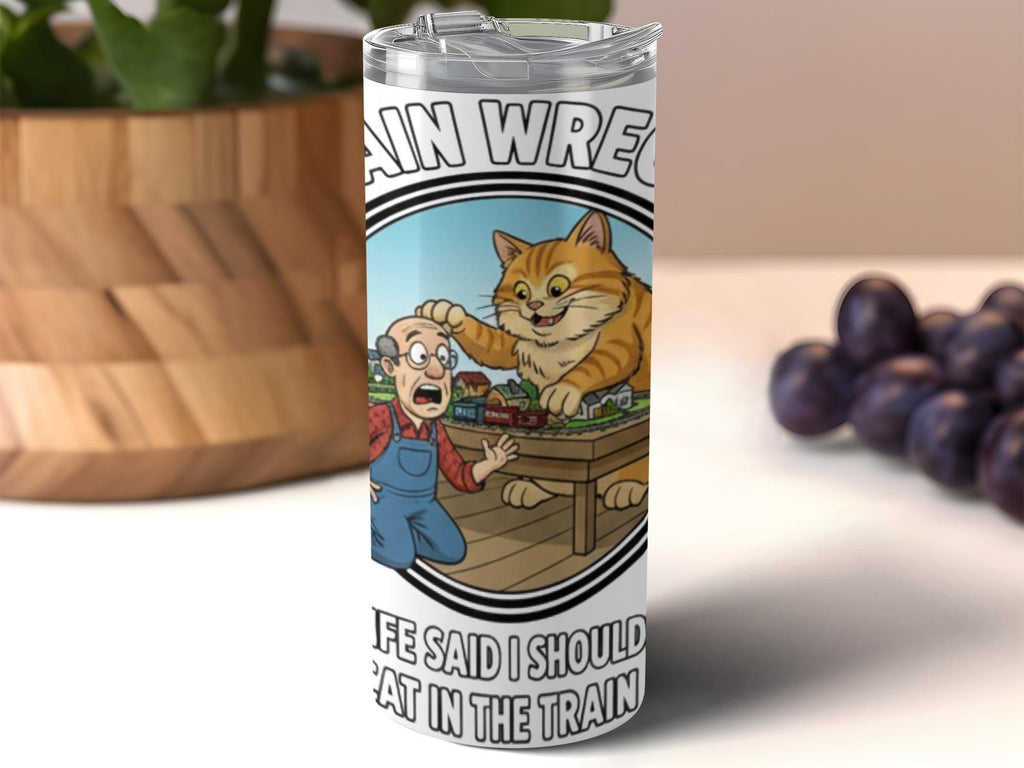 Train Wreck Tumbler, Funny Cat Design, 20 oz Travel Mug, Gift for Cat Lovers, Insulated Coffee Cup, Unique Cat Lover Gift