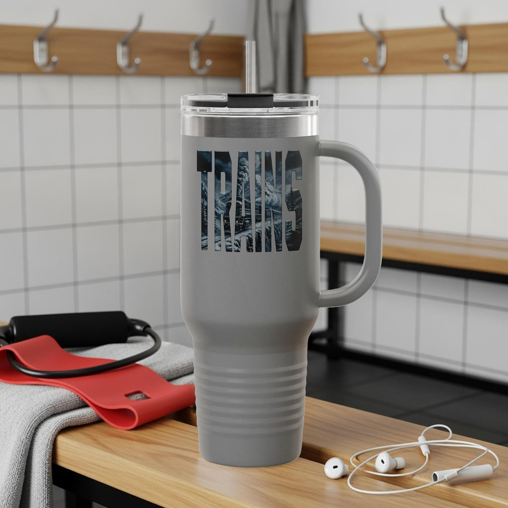 Trains travel coffee tumbler, travel mug train lovers gift, insulated cup with handle, unique train enthusiast mug