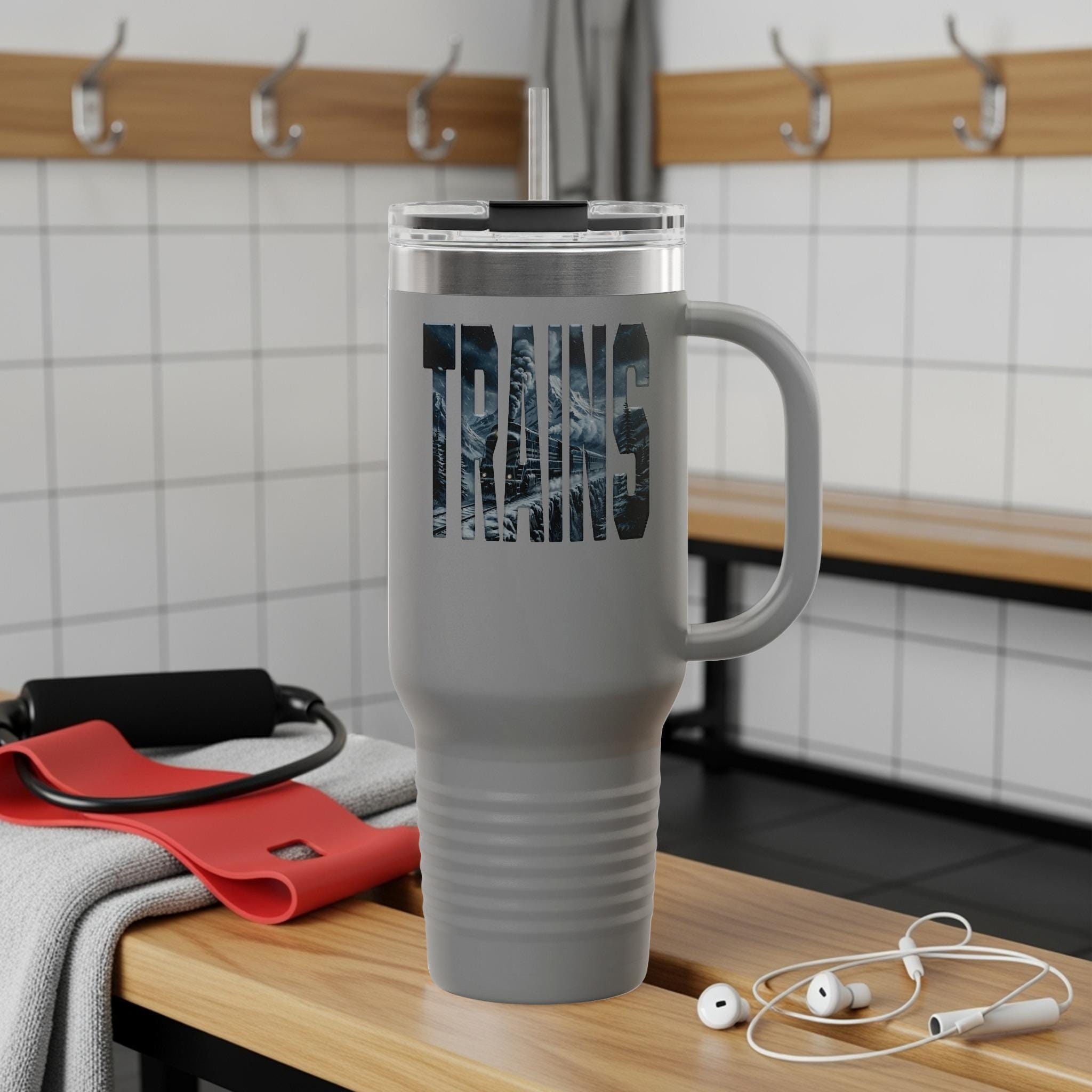 Trains travel coffee tumbler, travel mug train lovers gift, insulated cup with handle, unique train enthusiast mug