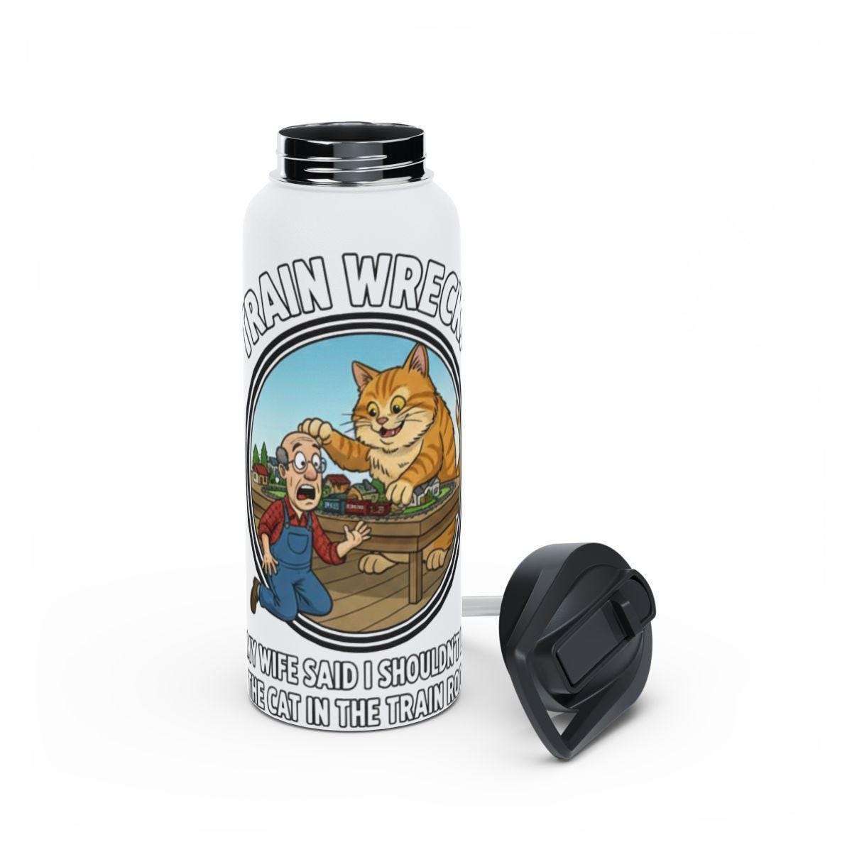 Funny Train Wreck Cat Design Insulated Water Bottle, Unique Cat Lover Gift, Hilarious Drinkware, Travel Water Flask