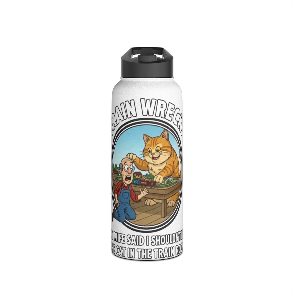 Train Wreck Water Bottle, Funny Train Wreck Design, Cat and Train Humor, Gift for Train Enthusiasts, Novelty Water Bottle