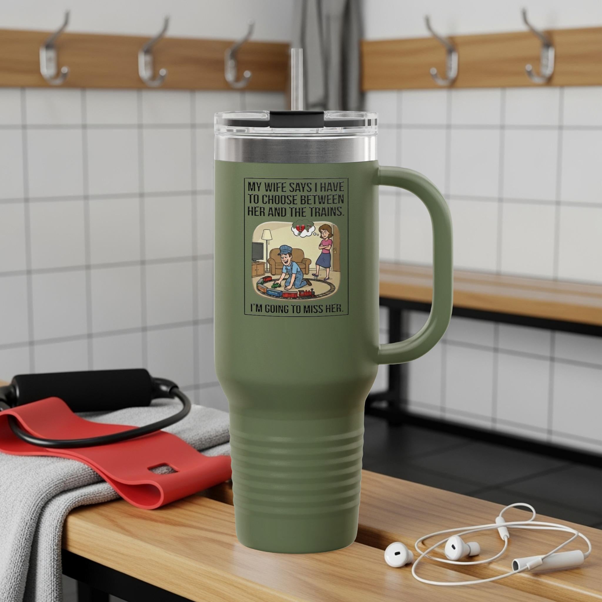 Funny travel mug, green coffee tumbler, husband gift, novelty drinkware, humorous cup, train enthusiast joke, large capacity