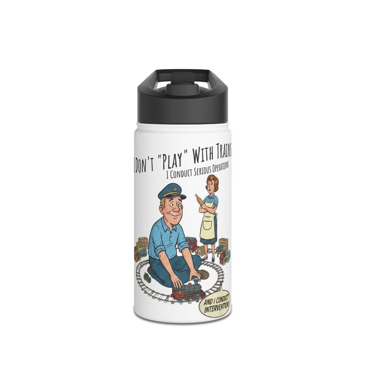 Train Enthusiast Water Bottle, Unique Train Gift for Hobbyists, Funny Train Illustration Bottle, Perfect for Train Collectors