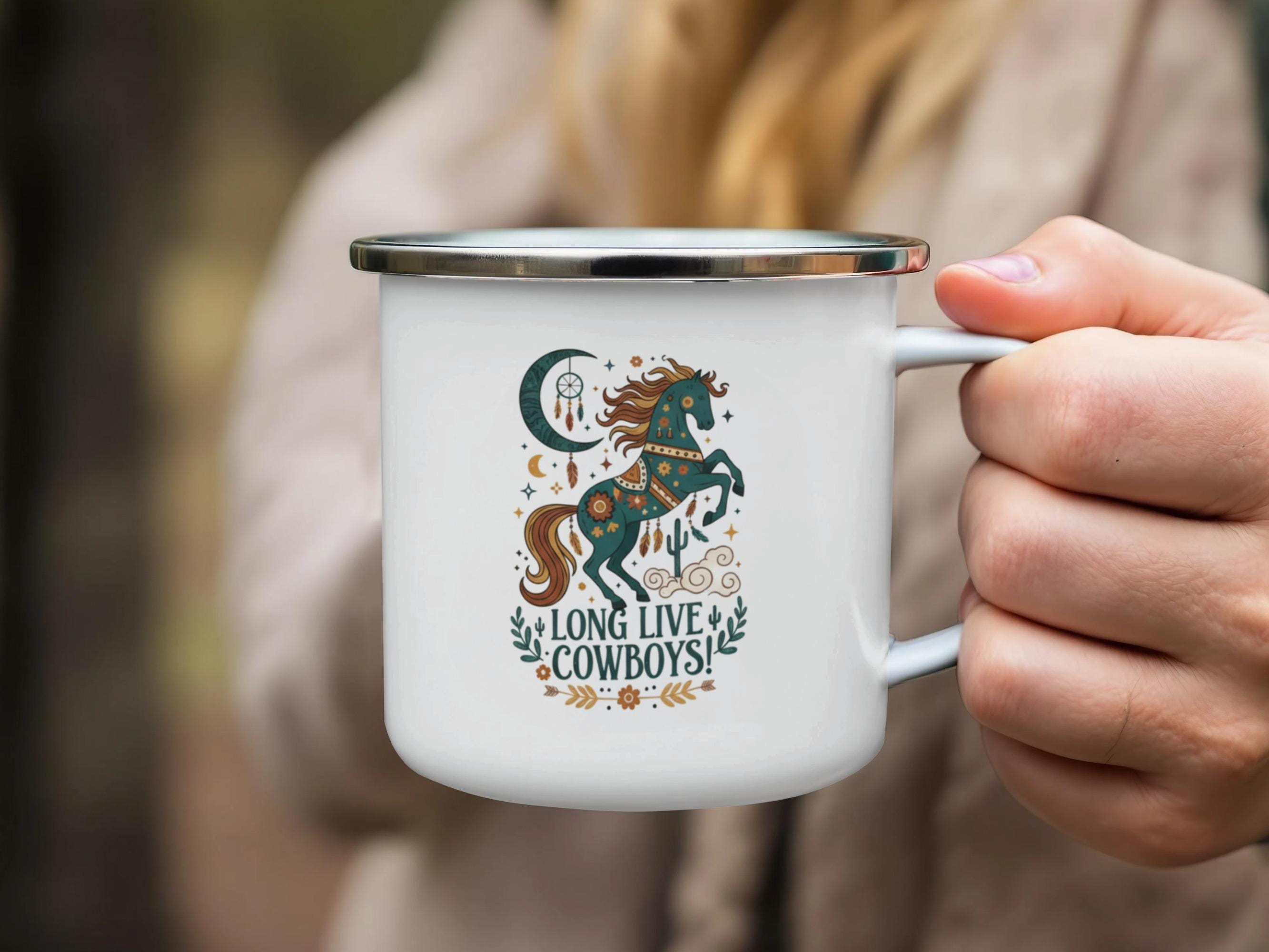Long Live Cowboys Enamel Mug, Horse Lovers Coffee Cup, Western Theme Mug, Rustic Outdoor Mug, Cowboy Campfire Mug, Unique Gift Idea