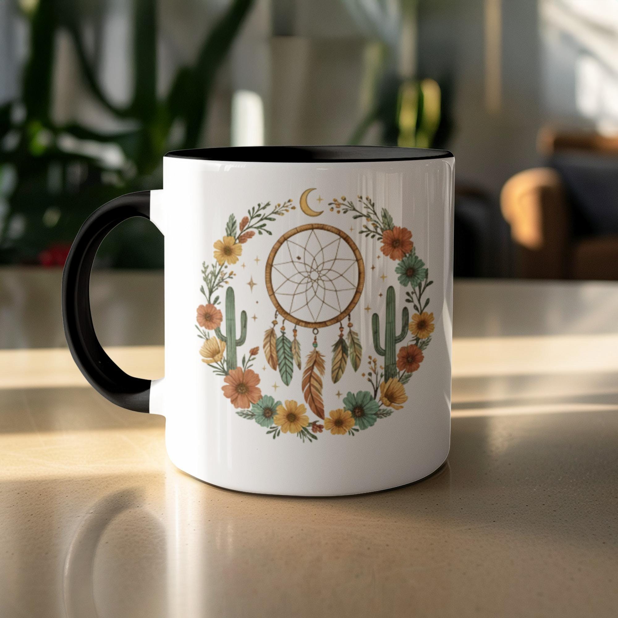 Dreamcatcher mug, cactus floral coffee cup, bohemian spiritual tea mug, mystical boho kitchen decor, celestial ceramic cup