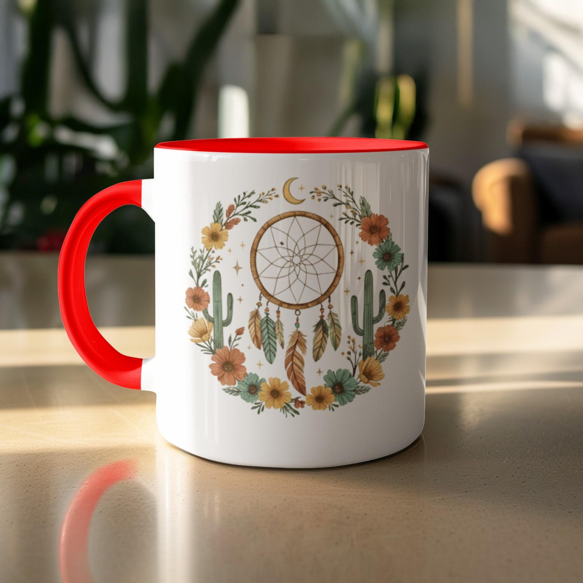 Dreamcatcher Mug, Boho Coffee Cup, Floral Cactus Design, Inspirational Gift, Unique Bohemian Tea Mug, Cozy Home Decor, Artistic Ceramic